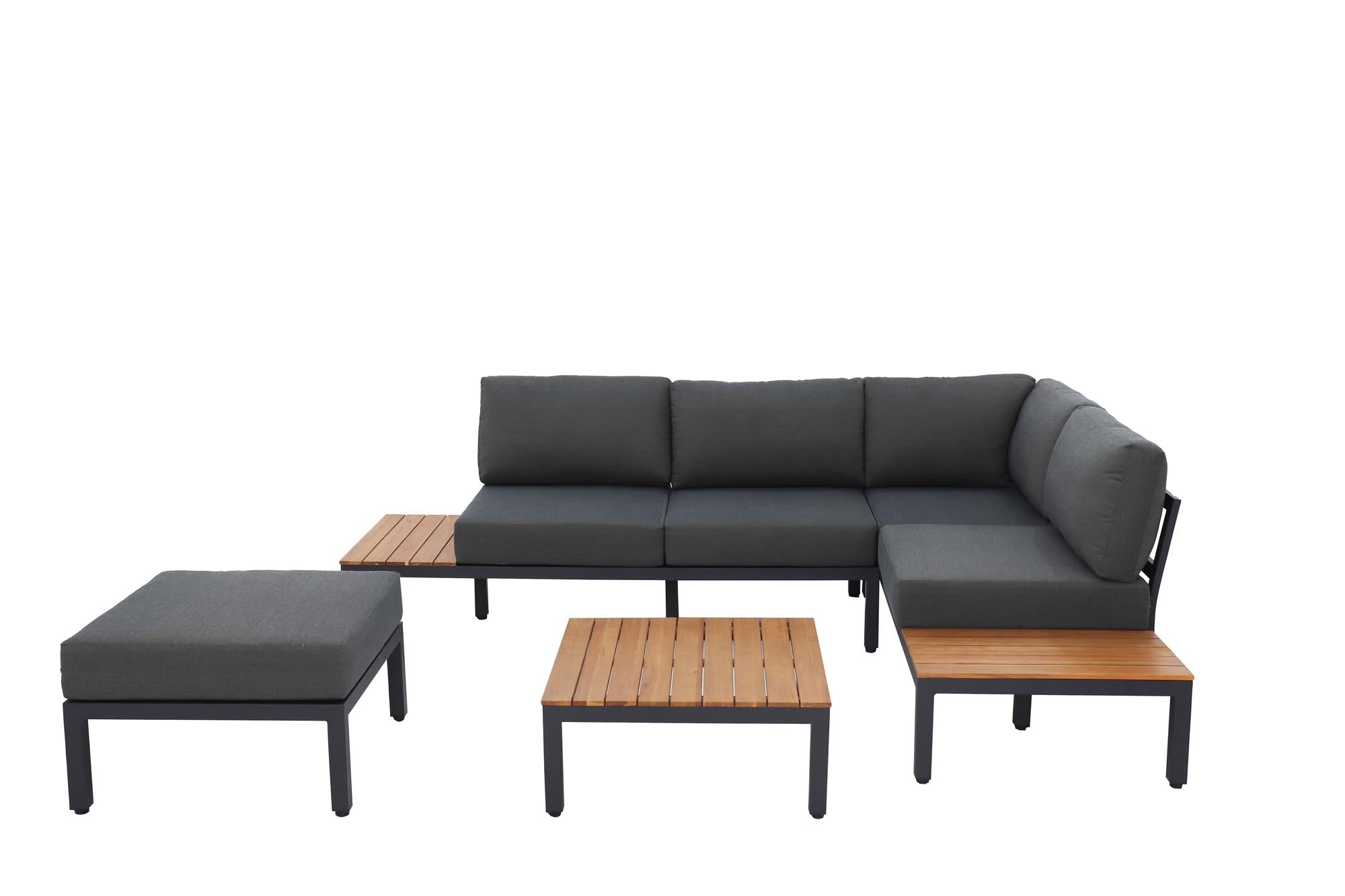 Elegante Gartenlounge Mendrisio mit robustem schwarzem Alugestell und edlem Akazienholz, ideal für entspannte Stunden im Freien.