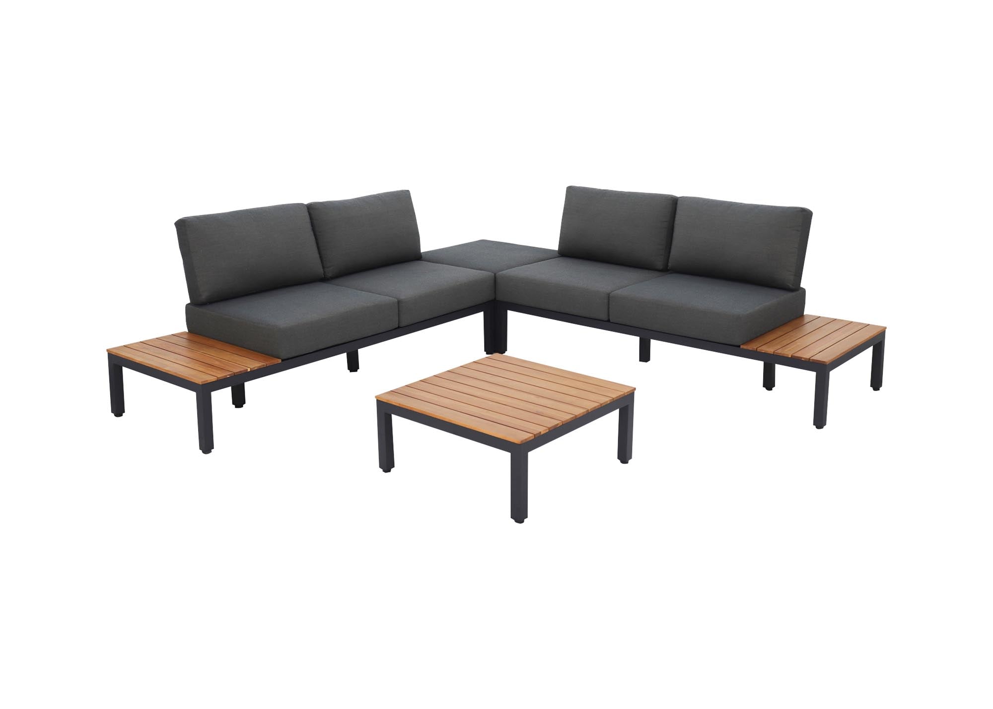 Moderne Gartenlounge Mendrisio mit stilvollem schwarzem Alugestell und hochwertigem Akazienholz, perfekt für gemütliche Outdoor-Momente.