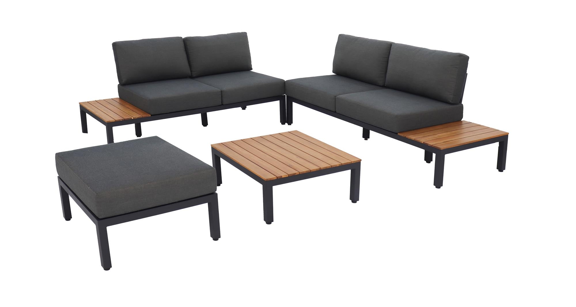 Elegante Gartenlounge Mendrisio mit robustem schwarzem Alugestell und edlen Akazienholz-Elementen, ideal für entspannte Stunden im Freien.