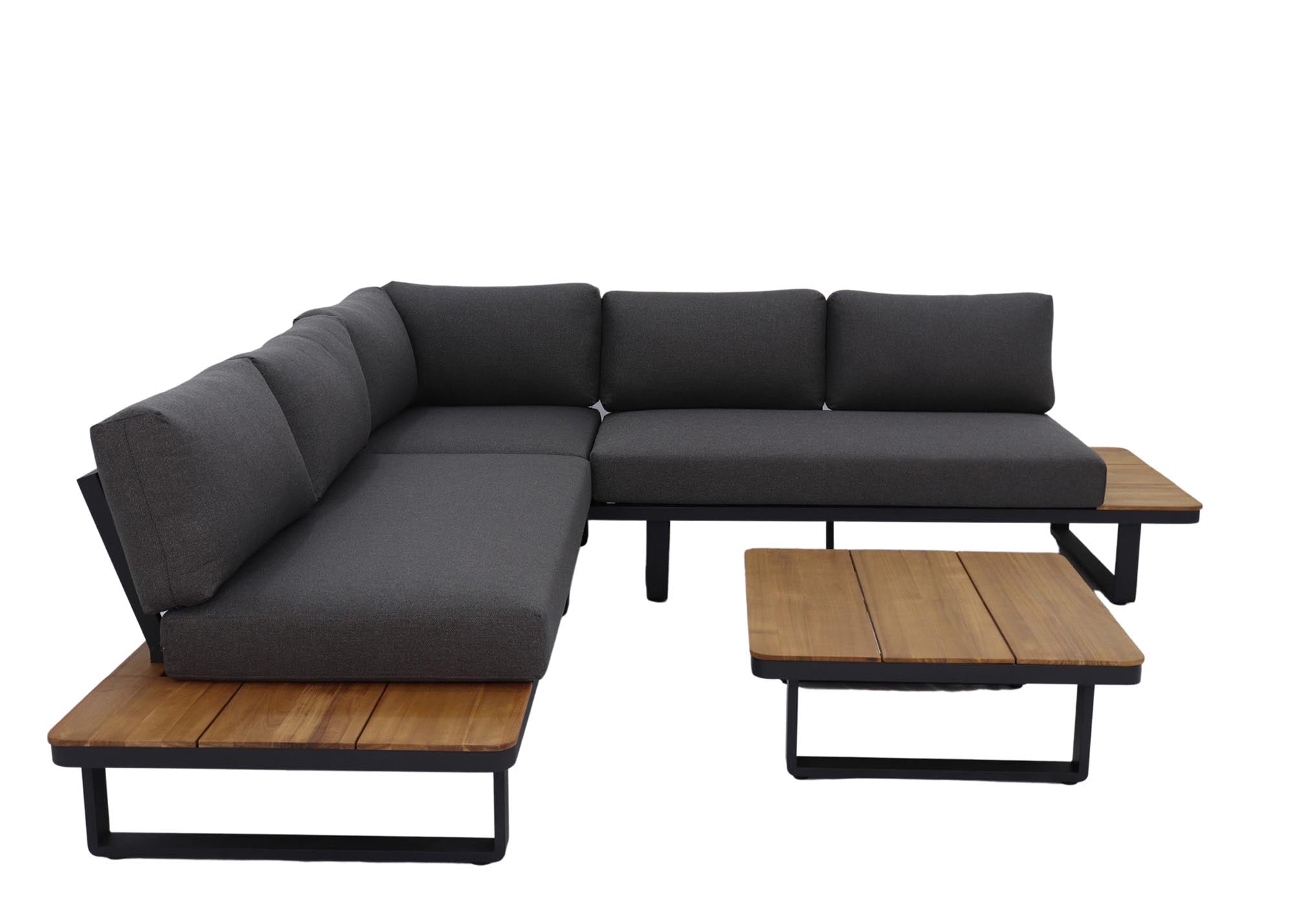 Elegante Gartenlounge Silas mit robustem schwarzem Alugestell und warmem Akazienholz, perfekt für gemütliche Stunden im Freien.