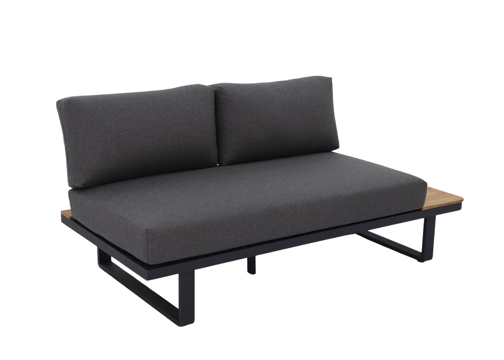 Elegantes Gartensofa Silas, 2-Sitzer mit schwarzem Alugestell, ideal für entspannte Stunden im Freien. Perfekt für jede Lounge-Ecke.