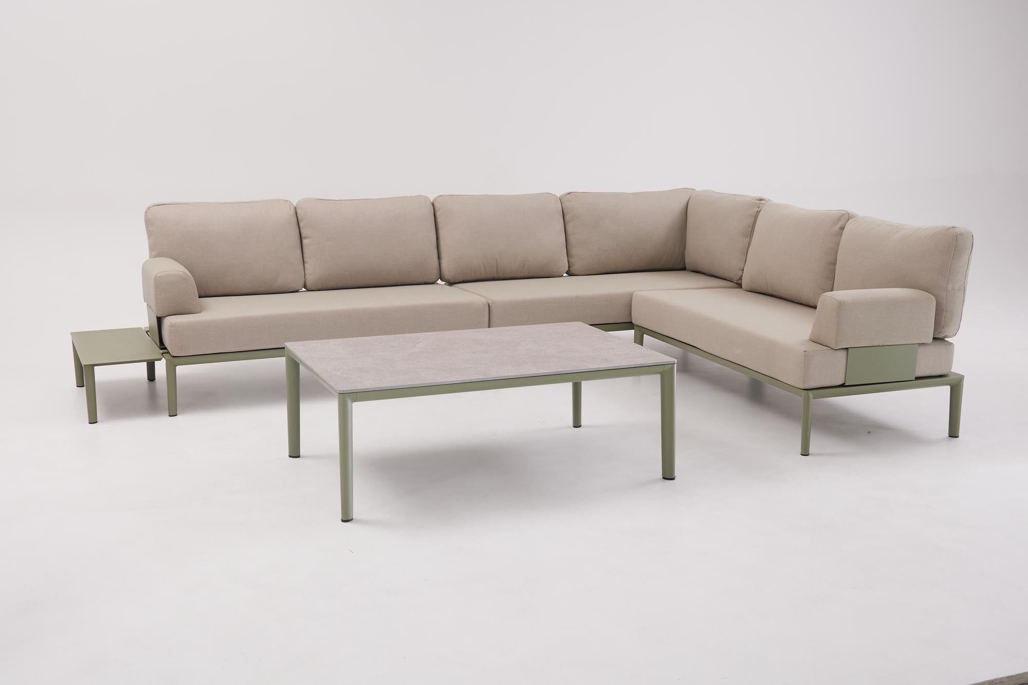 Stylisches 2-Sitzer Gartensofa mit Eckelement in trendigem Oliv-Grün, ideal für entspannte Momente im Garten oder auf der Terrasse.