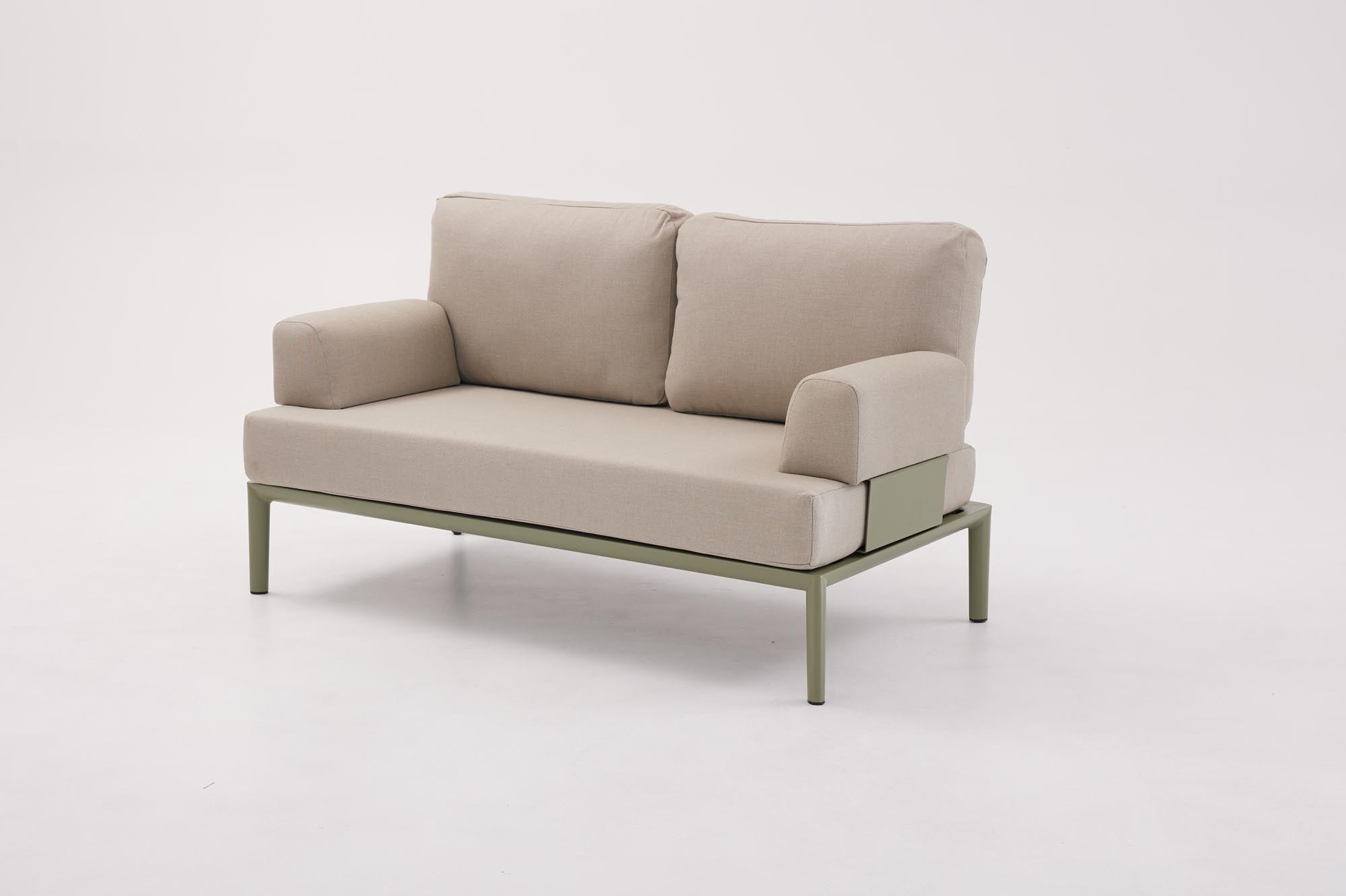 Elegantes 2-Sitzer Lounge Sofa ohne Armlehnen in stilvollem Oliv-Grün, ideal für entspannte Stunden im Freien.