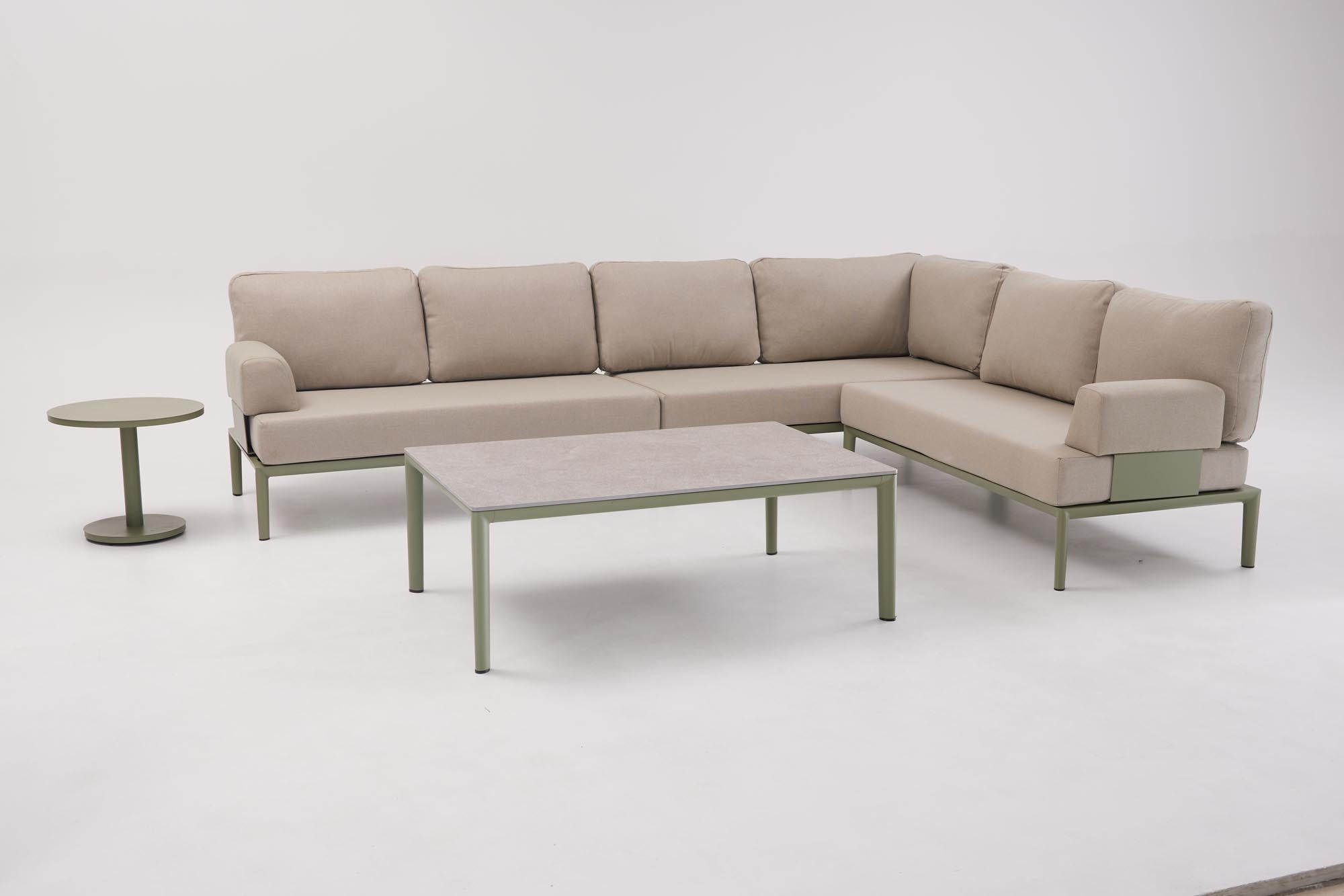Stylisches 2-Sitzer Lounge Sofa ohne Armlehnen in elegantem Oliv-Grün, ideal für entspannte Stunden im Freien.