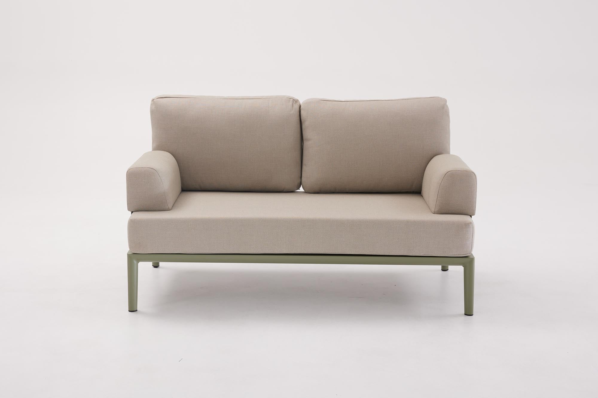 Stylisches 2-Sitzer Gartensofa ohne Armlehnen in trendigem Oliv-Grün, ideal für entspannte Momente im Freien.
