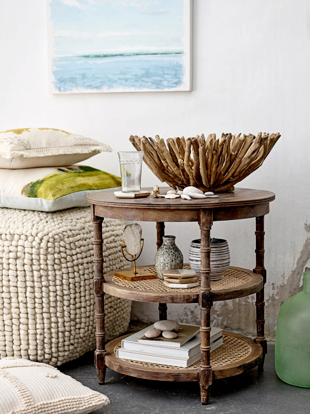Weisser Suna Pouf aus Wolle und Baumwolle, quadratische Form, Creative Collection, Boho-Chic-Stil, als Sitz- oder Fussablage.