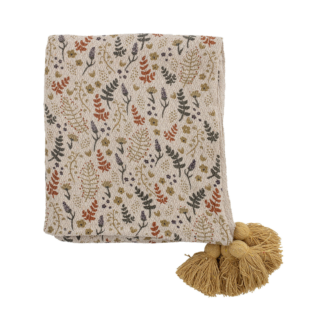 Bunte Filipa Wolldecke von Bloomingville Mini mit gelbem Blumenmuster, rechteckige Form, aus Baumwolle, Polyester und Viskose gefertigt.