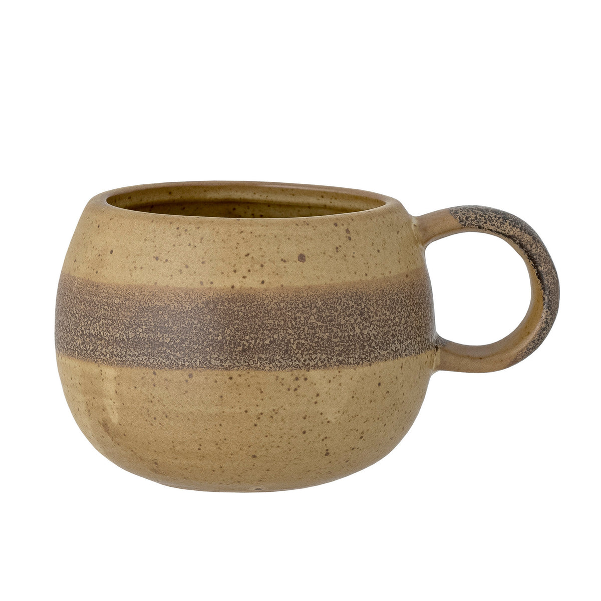 Beiger Becher aus Steingut mit breitem braunem Band in der Mitte, Serie Solange von Bloomingville, Durchmesser 11 cm, Höhe 8.5 cm