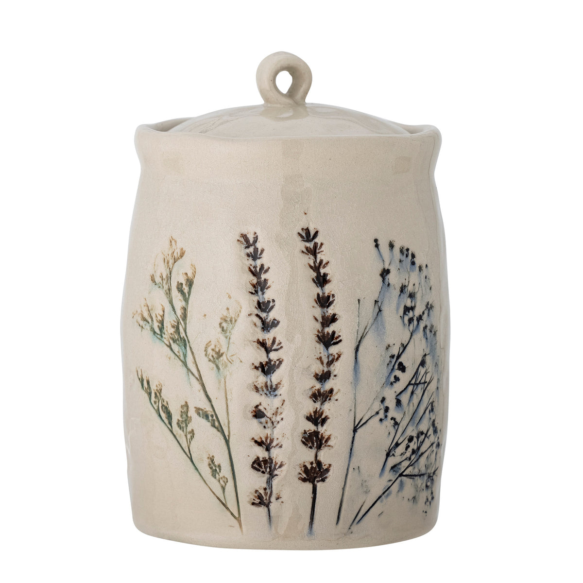 Weisses Gefäss mit Deckel aus Steingut, Marke Bloomingville, mit Krakeleeglasur und handbemaltem Blumenmuster, Form einer Kanne