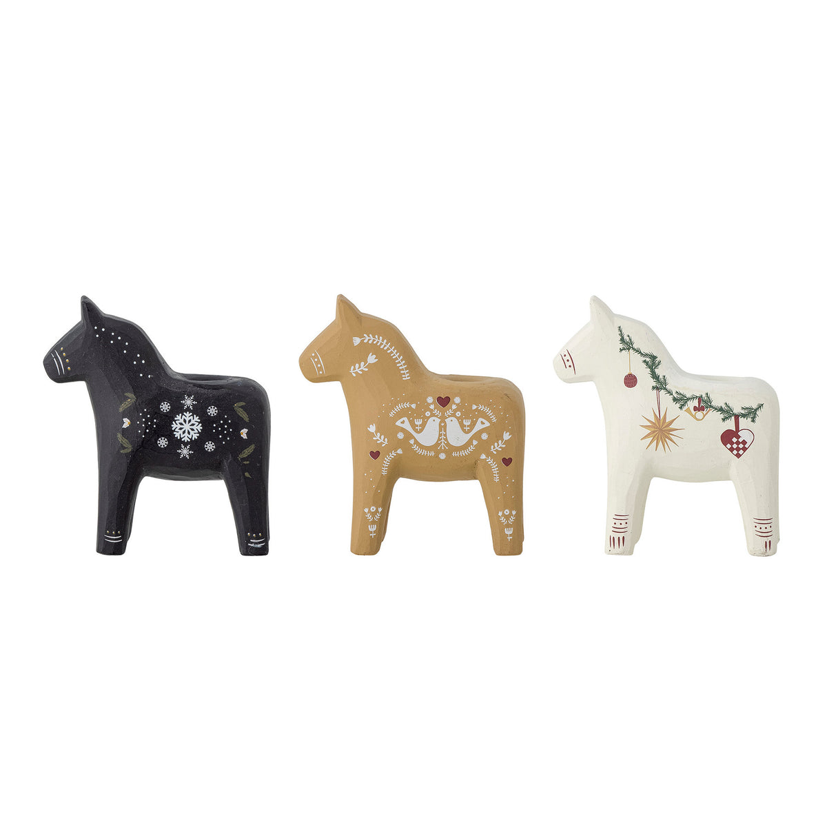 Drei weisse Pferde aus Polyresin als Kerzenständer Siffer, mit Weihnachtsmotiven verziert