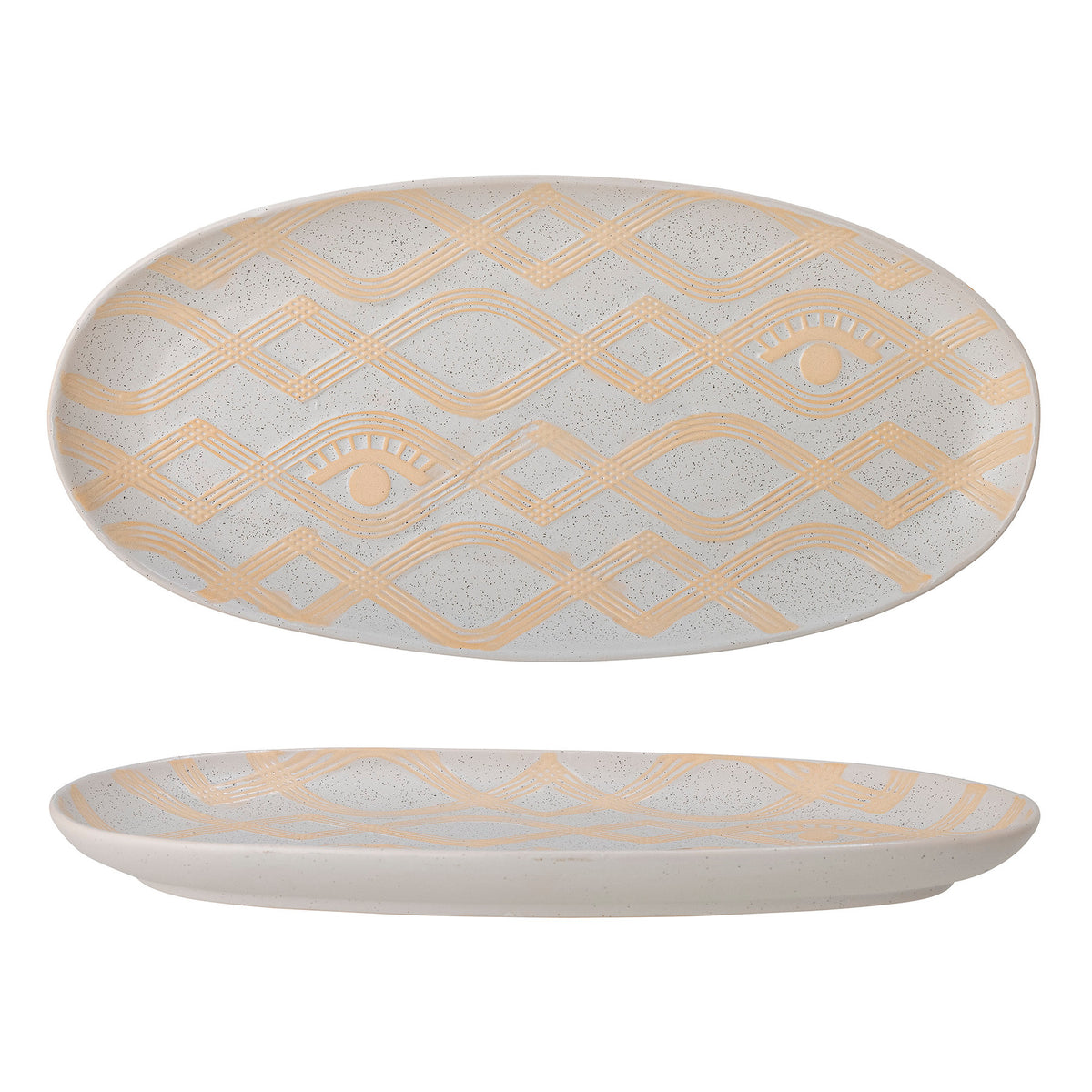Rechteckiges Tablett aus Steingut in Beige mit natürlicher Glasuroptik, handgefertigt, von Bloomingville aus der Newa Serie.