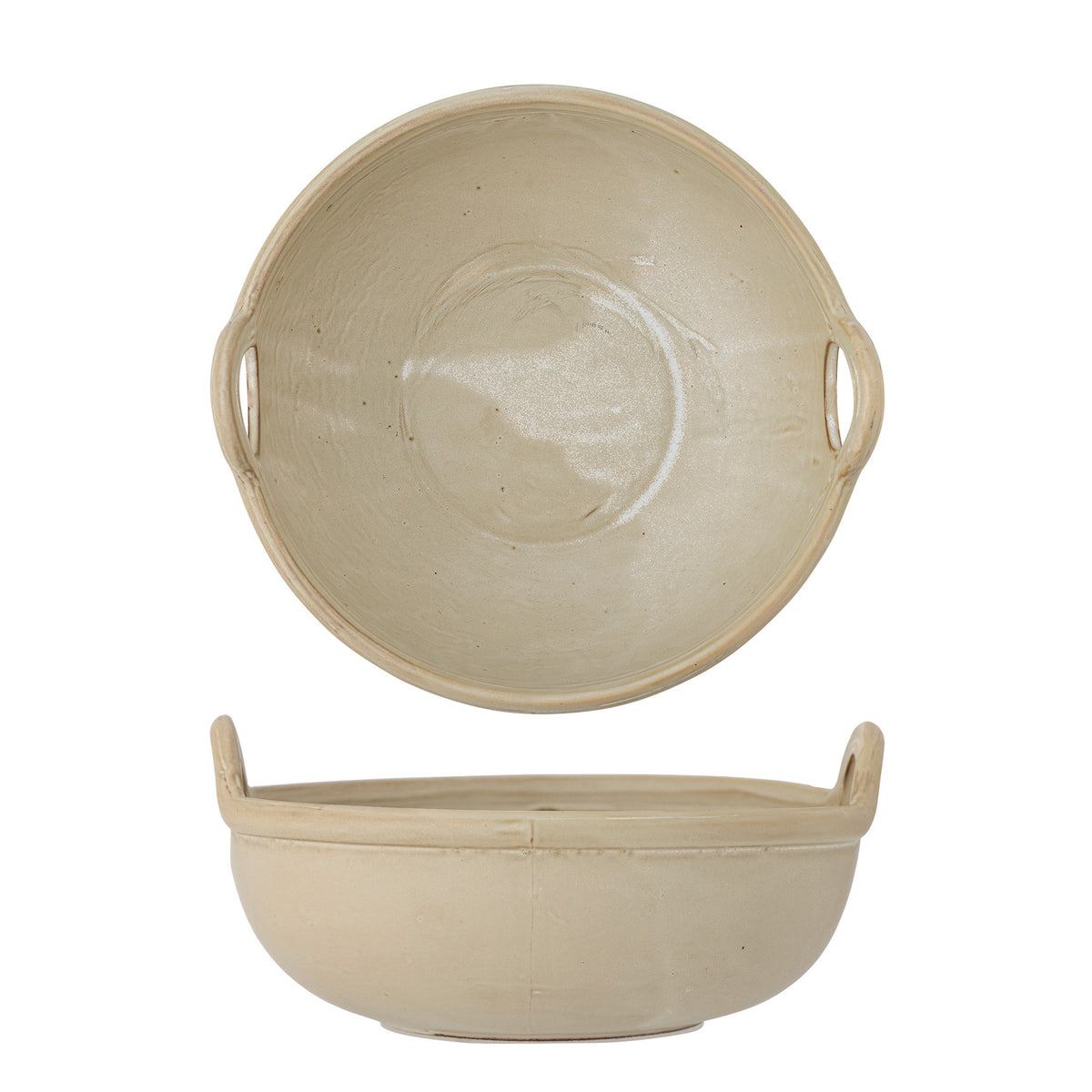 Runde Schale aus Steingut in Beige mit leicht unregelmässiger Glasur, Durchmesser 33 cm, Höhe 14.5 cm, von Bloomingville aus der Janti Serie.