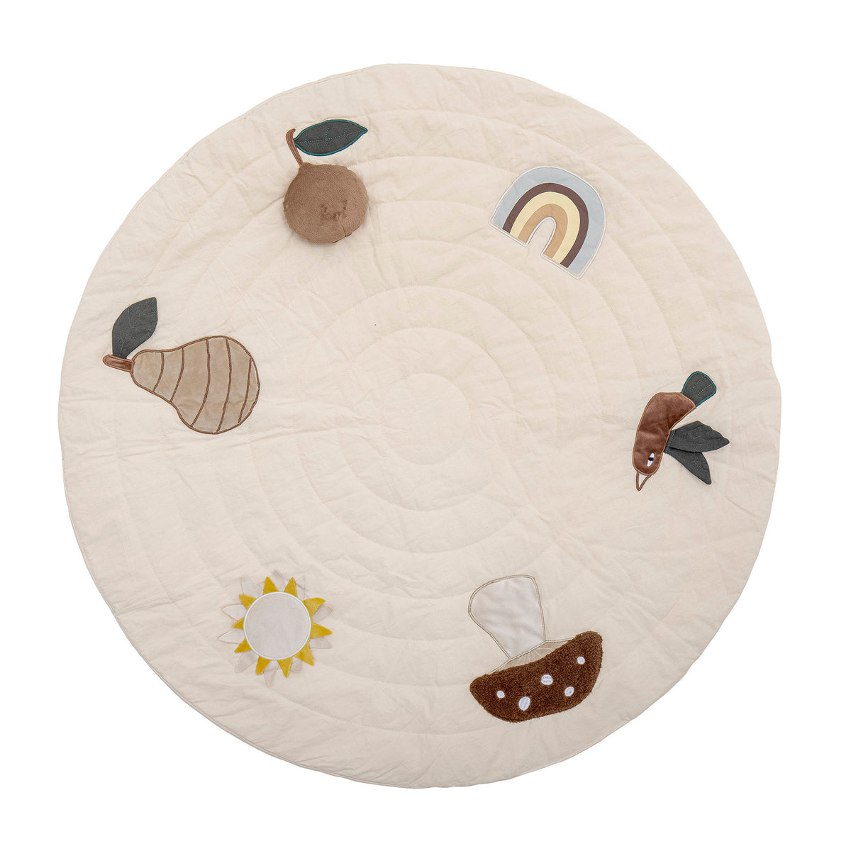 Weisse Spielmatte Agnes aus Baumwolle mit Orange und Birne als Figuren