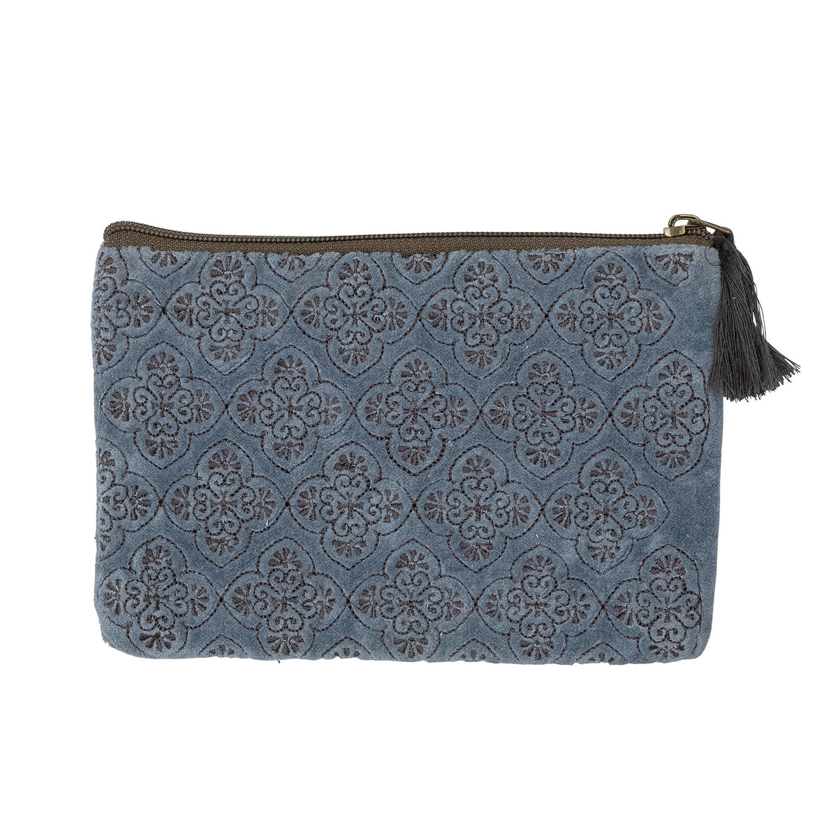 Blaue Kosmetiktasche Sofina aus Baumwolle mit Stickerei und Quaste am Reissverschluss