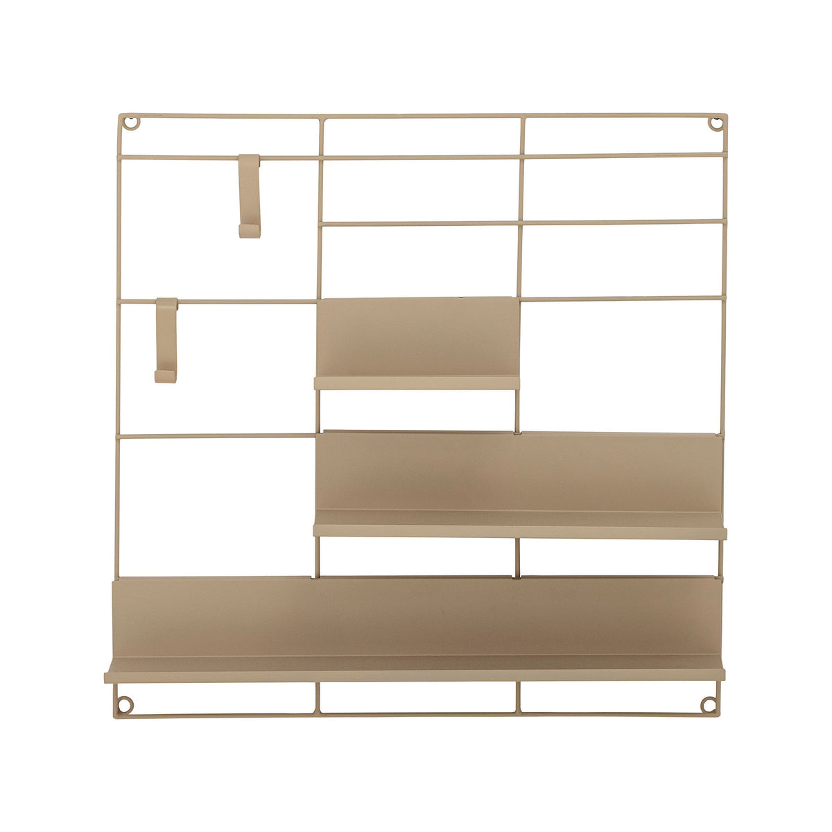 Wandregal Osca von Bloomingville in Beige aus Eisen, mit mehreren Ablagen und Haken, Oberfläche lackiert und pulverbeschichtet, Boho Chic Stil.