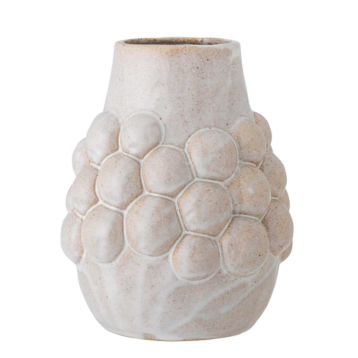 Weisse Poldor Vase aus Steingut von Bloomingville mit glänzender Glasur, schlichte runde Form, D15 x H19 cm, auf neutralem Hintergrund.