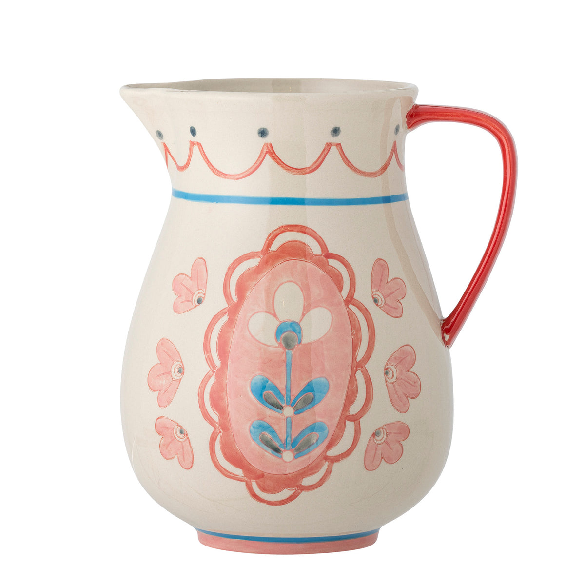 Weisser Wasserkrug aus Steingut mit Blumenmotiv in Pink und Blau, rosa Griff, handdekoriert, Modell Odina von Bloomingville