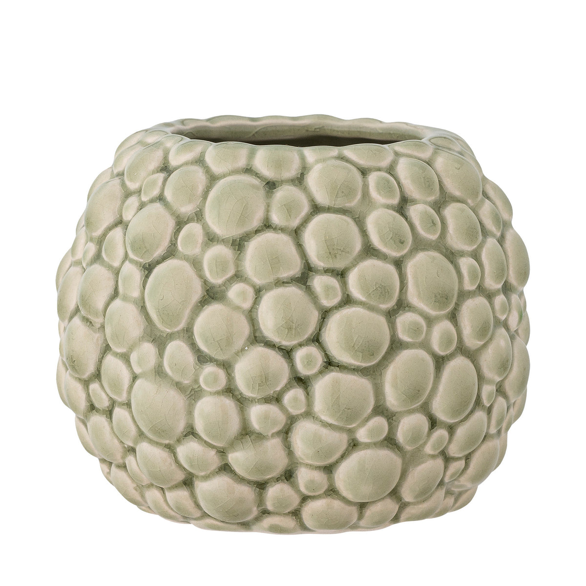 Beiger Blumentopf aus Steingut mit rundem Reliefmuster und glänzender Craquelé-Glasur, Modell Susannah von Bloomingville, D: 12cm x H: 10cm
