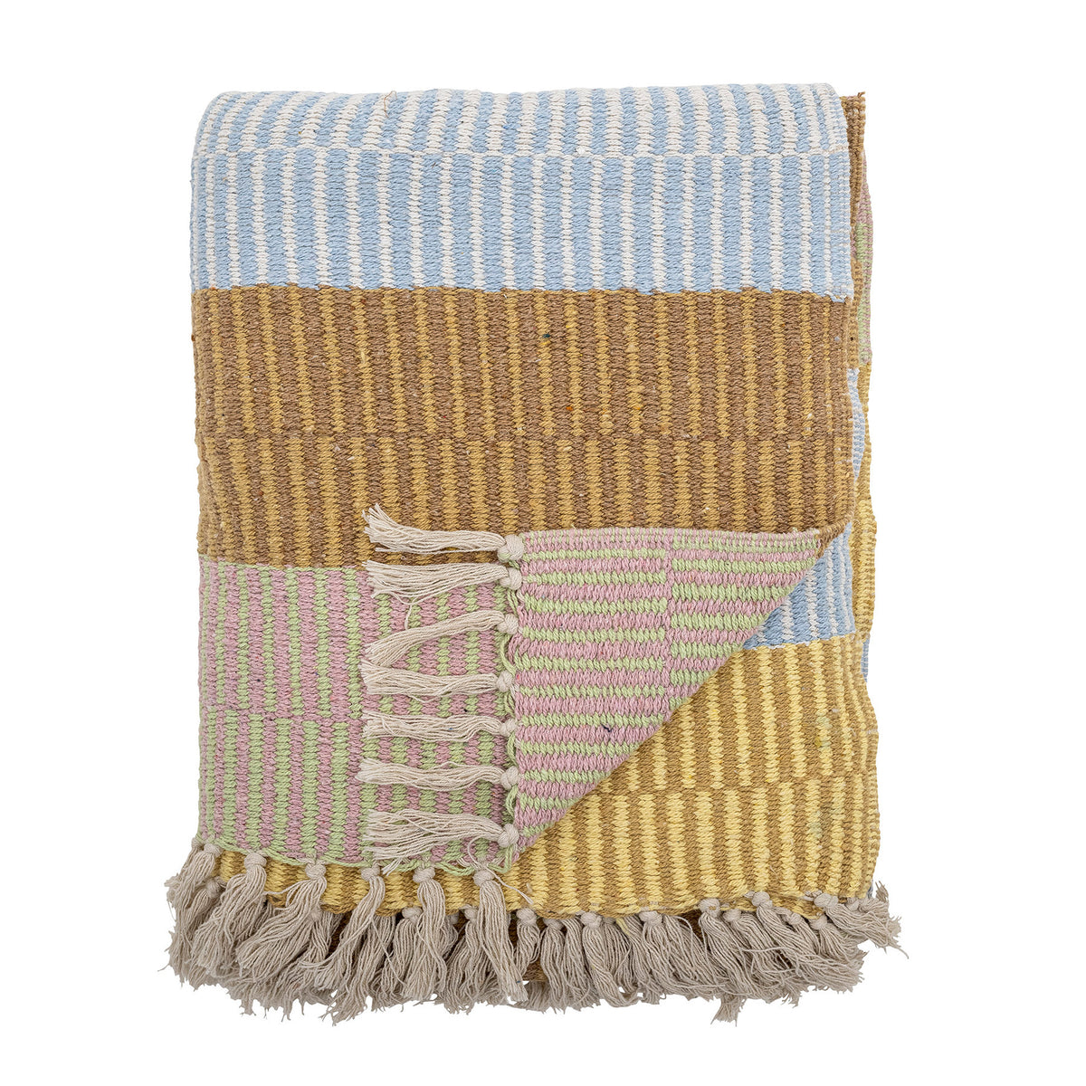Bunte Wolldecke Isnel von Creative Collection aus Mischfasern, geflochtene Oberfläche, garngefärbtes Muster im Boho Chic Stil, 160x130 cm.
