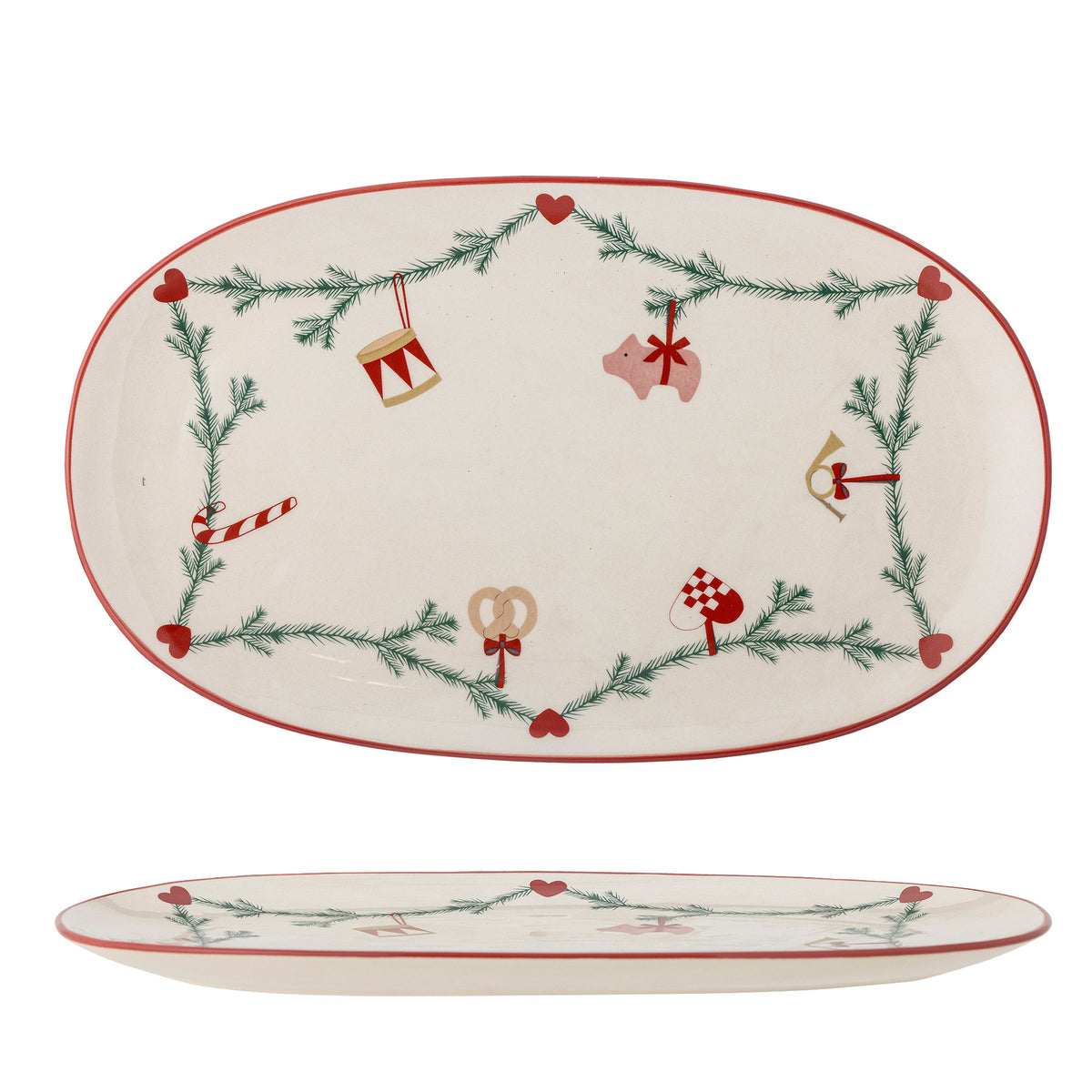 Ovale Yule Servierplatte in Weiss aus Steingut von Bloomingville mit Abziehbild-Dekoration und handgemalten weihnachtlichen Motiven, roter Rand sichtbar.