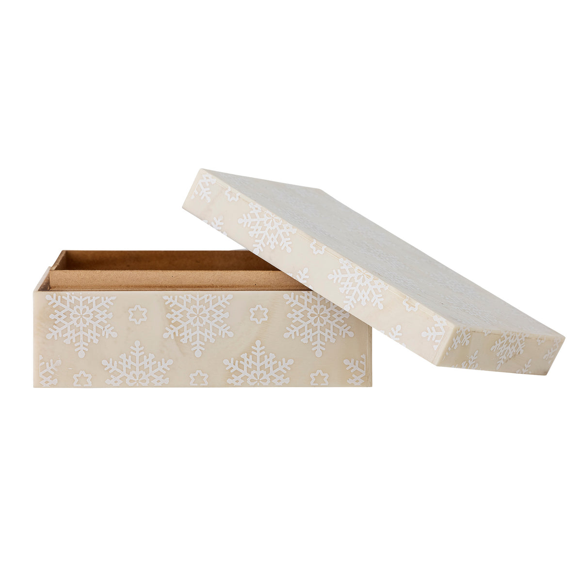 Weisse Aufbewahrungsbox Cheri mit Deckel von Bloomingville aus Harz und MDF, verziert mit hellem Schneeflocken-Muster, kompakte Form.