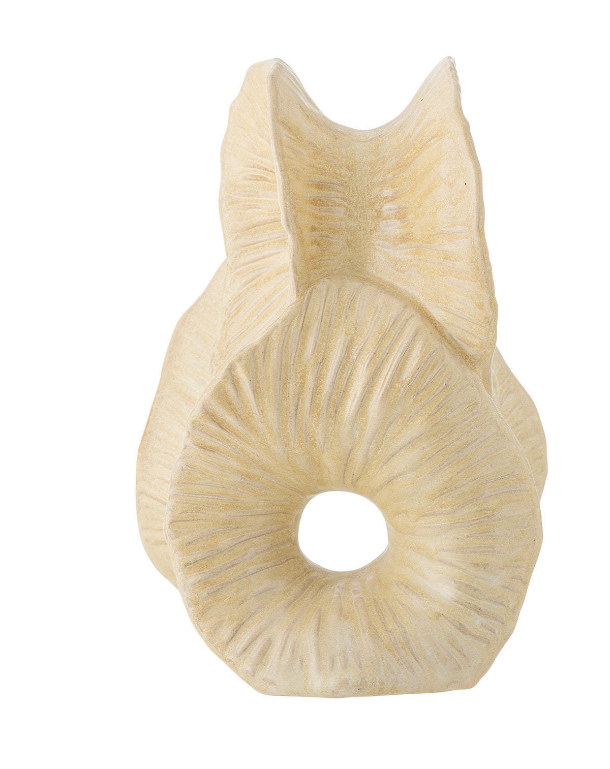 Fabien Deko in Beige aus Steingut von Bloomingville, abstrakte skulpturale Form mit zwei offenen Zentren und matter, strukturierter Oberfläche.