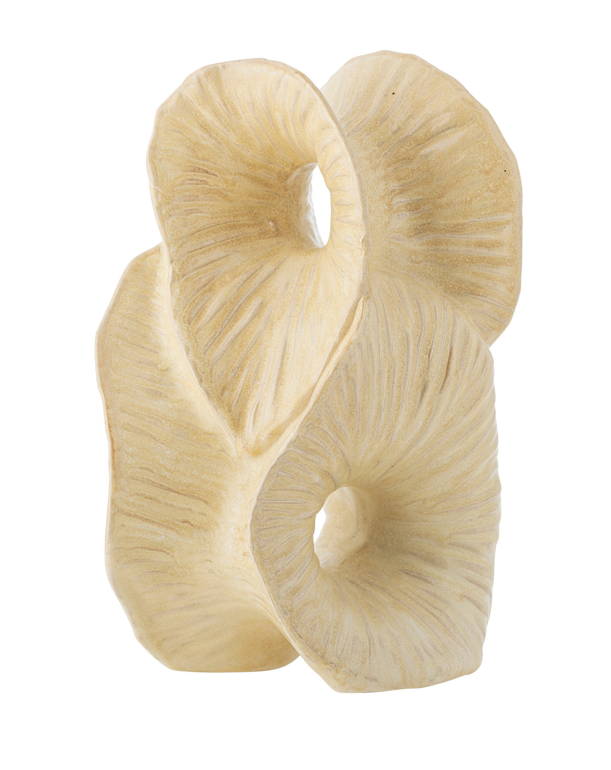 Fabien Deko in Beige aus Steingut von Bloomingville, abstrakte skulpturale Form mit zwei offenen Zentren und matter, strukturierter Oberfläche.