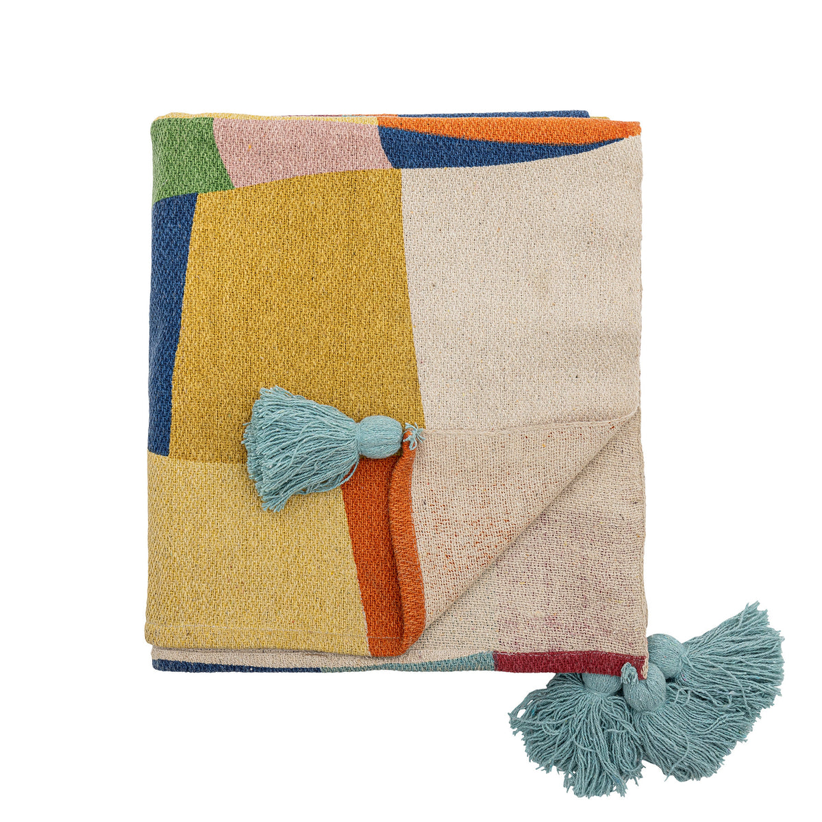Bunte Wolldecke Colorine von Bloomingville Mini aus Mischfasern mit gewebtem Muster und Quasten an den Enden, in Blau, 160x130 cm