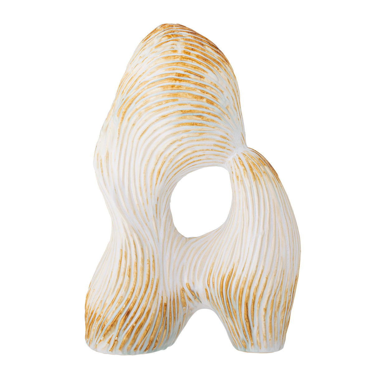 Skulpturales Dekoobjekt Eviella aus Steingut in Beige mit vertikalen Linien und warmer gelber Glasur, Hersteller Bloomingville, Format L25xB14xH38 cm.