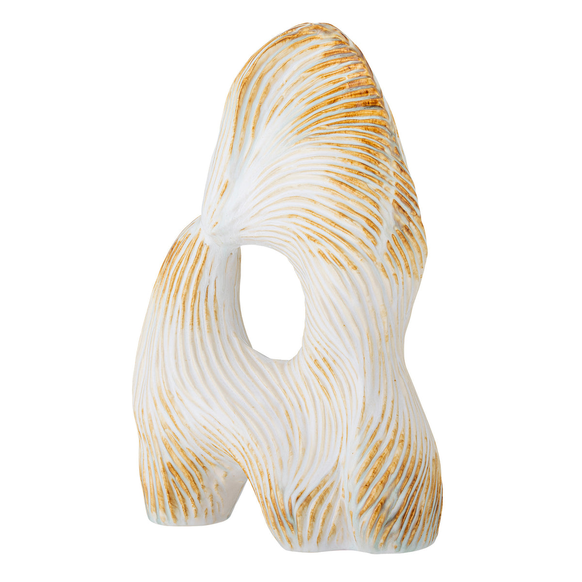 Skulpturales Dekoobjekt Eviella aus Steingut in Beige mit vertikalen Linien und warmer gelber Glasur, Hersteller Bloomingville, Format L25xB14xH38 cm.