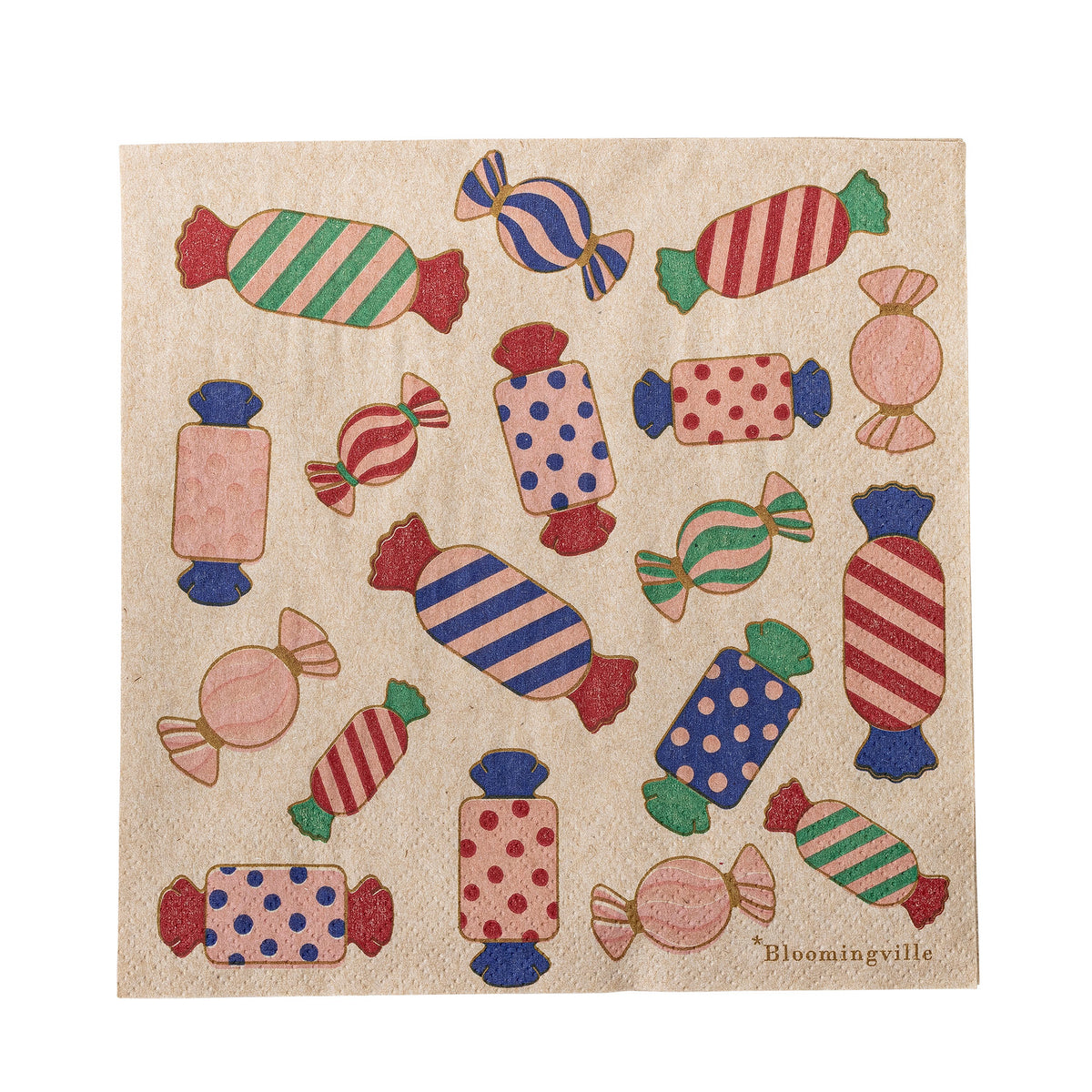 Papierservietten Caramella in Rose mit roten und blauen Bonbonmotiven auf hellbeigem Grund