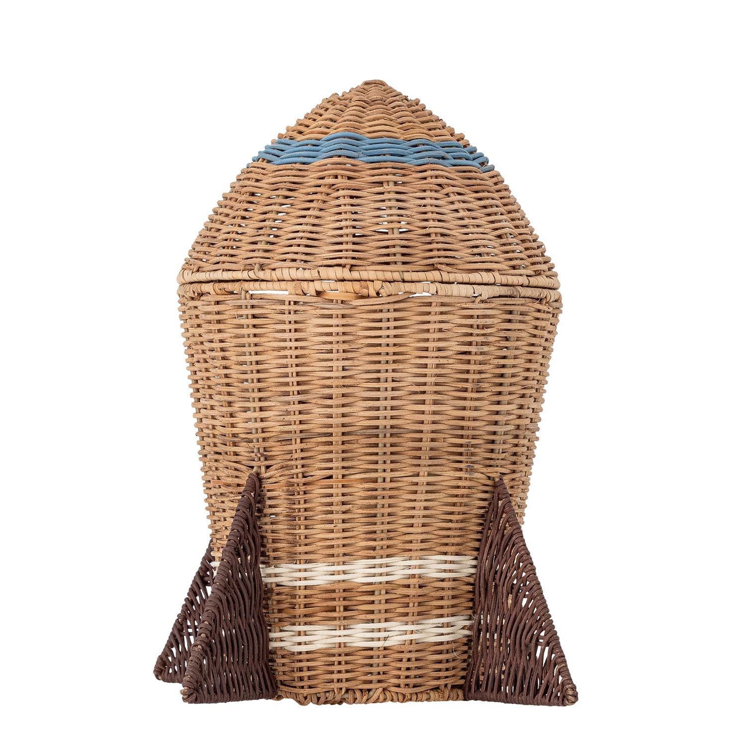 Entdecken Sie den Space Korb mit Deckel von Bloomingville Mini – eine charmante Rattan-Aufbewahrung in Raketenform, ideal für Ordnung im Kinderzimmer.