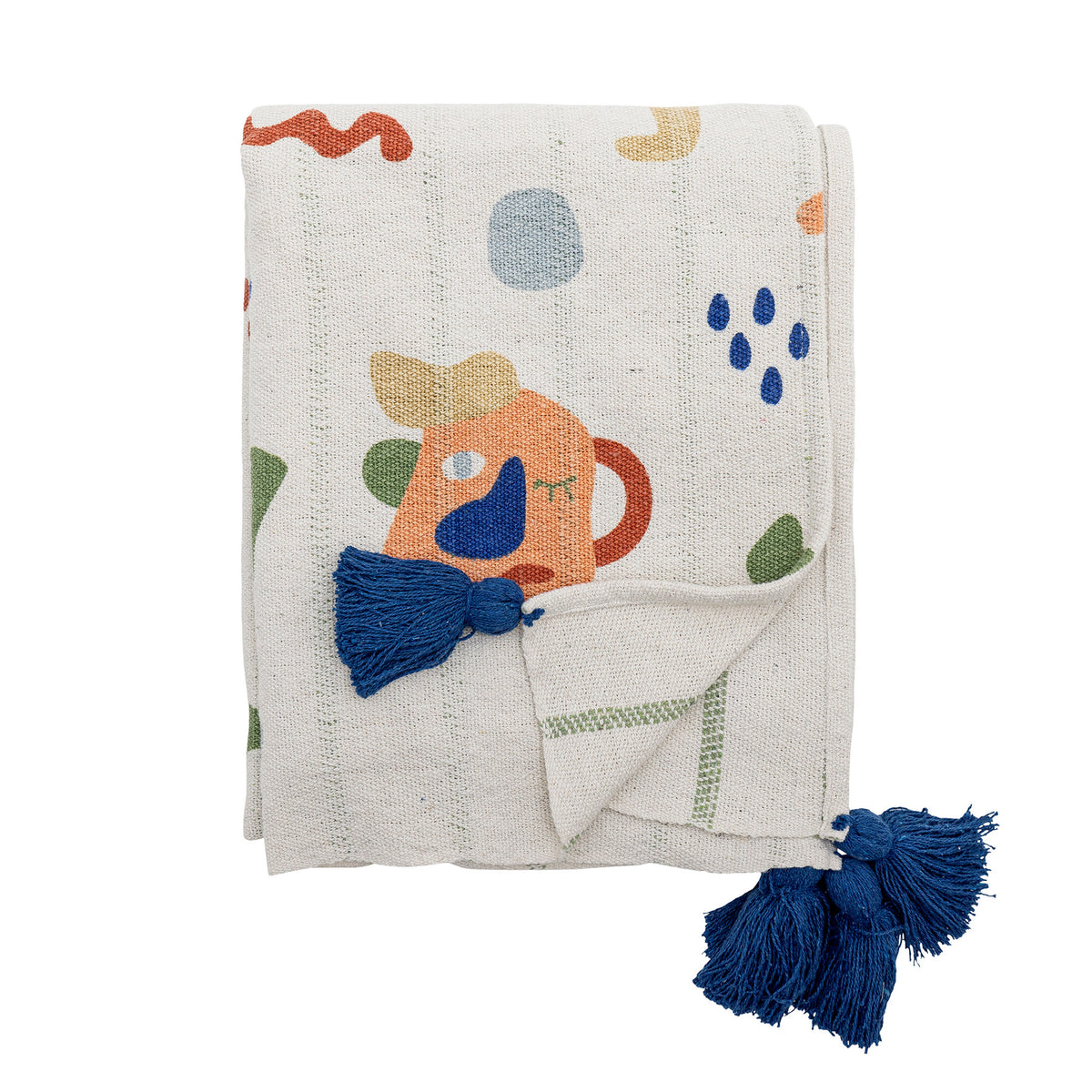 Bunte Wolldecke Sylvie von Bloomingville Mini mit gedrucktem Fruchtmotiv und Fransen, Materialmix, Grösse 160x130 cm, Farbe Natur