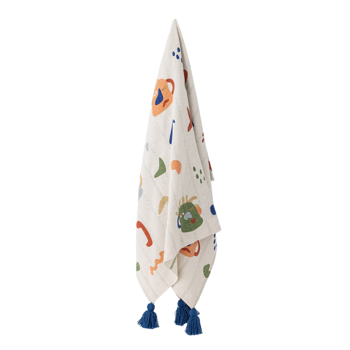 Bunte Wolldecke Sylvie von Bloomingville Mini mit gedrucktem Fruchtmotiv und Fransen, Materialmix, Grösse 160x130 cm, Farbe Natur
