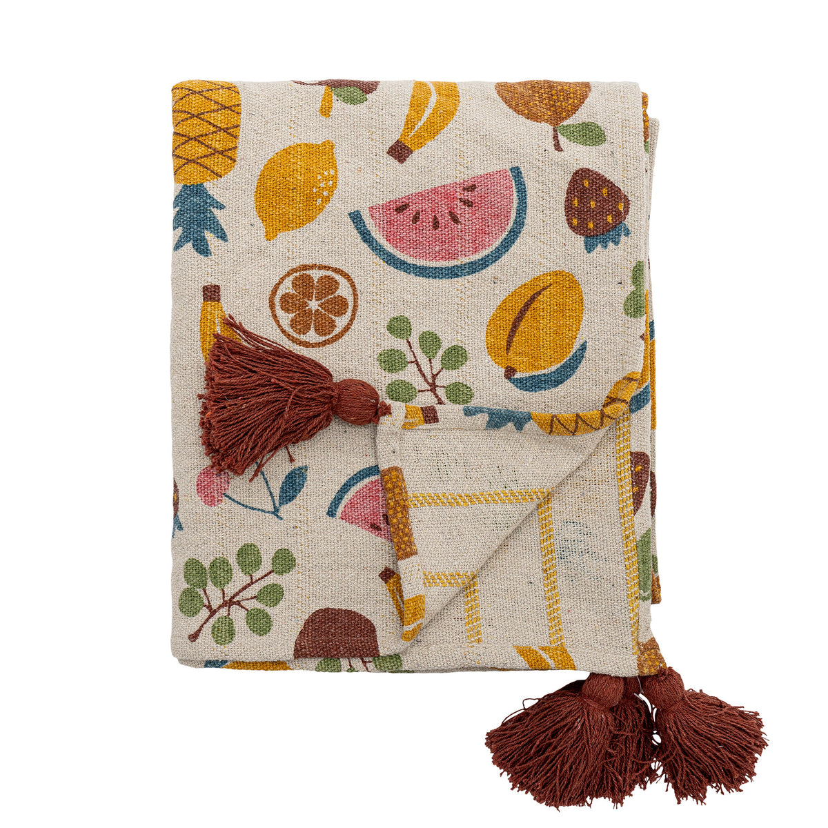 Fruitta Decke von Bloomingville Mini in Gelb mit buntem Fruchtmotiv (Ananas, Zitrone, Wassermelone) und Quasten an den Ecken, Mischfasern, 160x130cm