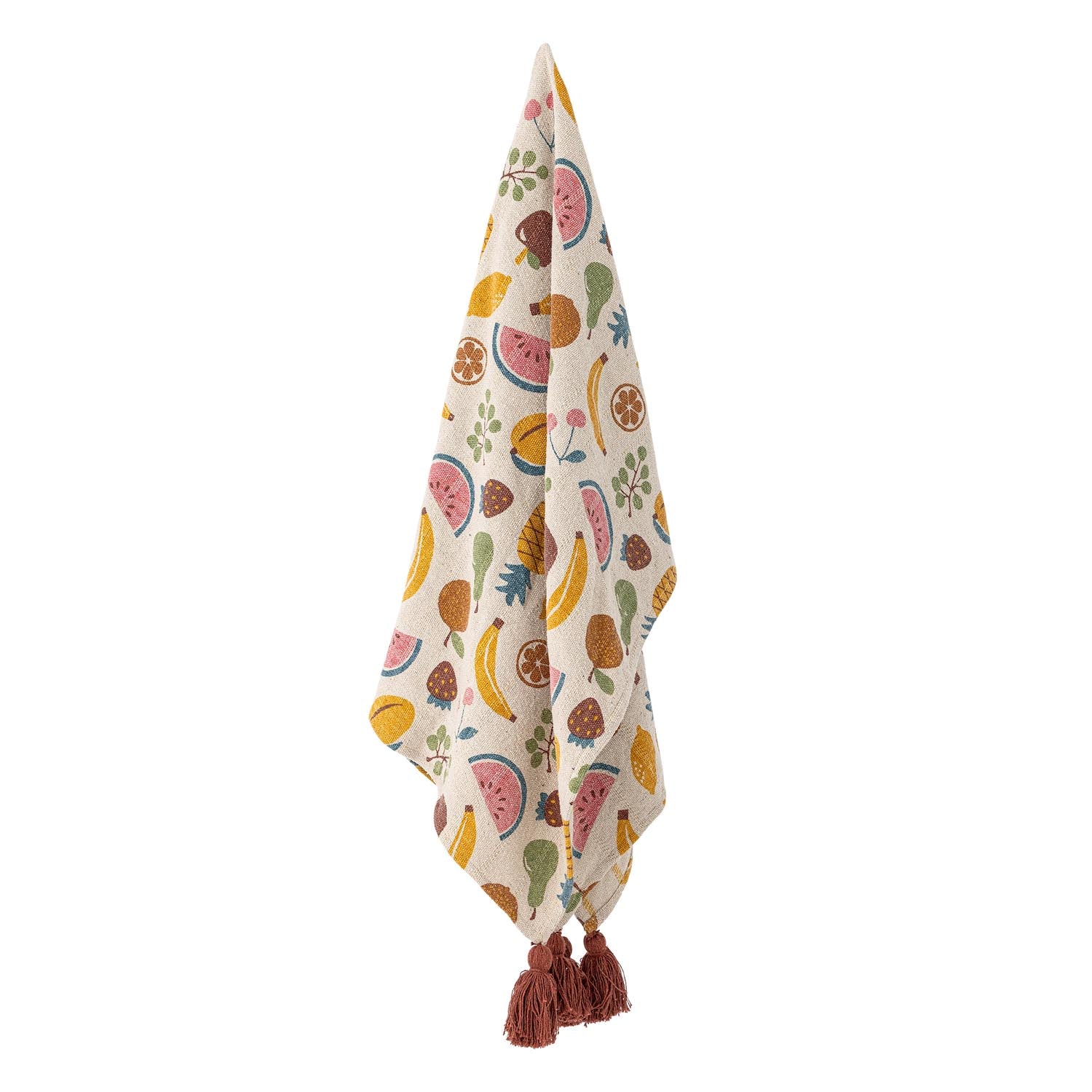 Entdecken Sie die Fruitta Decke von Bloomingville Mini – ein stilvolles, umweltfreundliches Accessoire aus recycelter Baumwolle mit lebhaften gelben Fruchtmotiven.