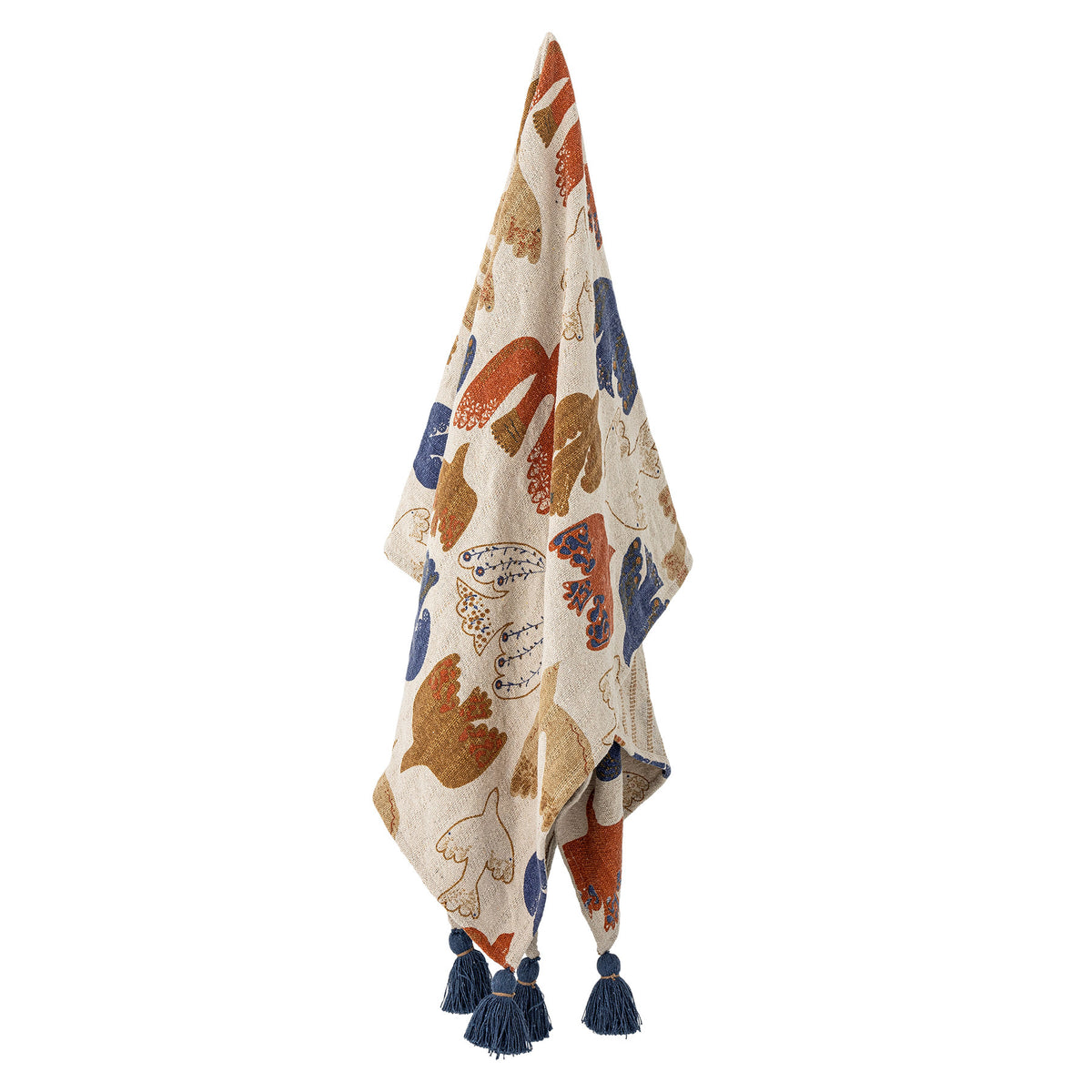 Wolldecke Anniversary von Bloomingville in Braun mit buntem botanischem Druckmuster, aus Baumwolle, Polyester und Viskose, mit blauen Quasten an den Ecken.