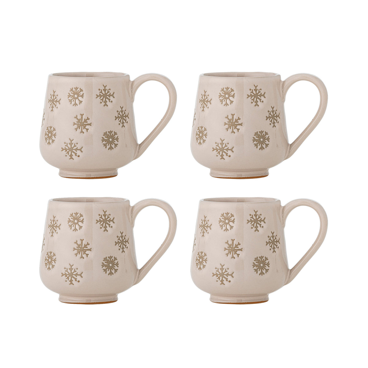 Weisser Becher aus Steingut der Serie Snowie von Bloomingville, rund geformt, handbemalte Oberfläche, Teil eines 4er-Sets.