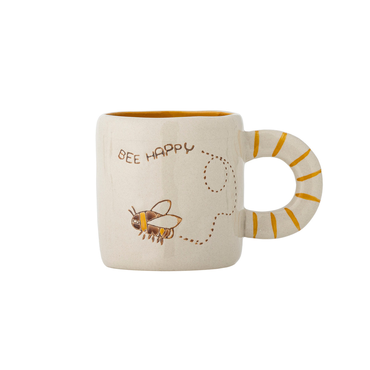 Weisse Cloudy Tasse aus Steingut mit Regenbogen als Griff und Schriftzug