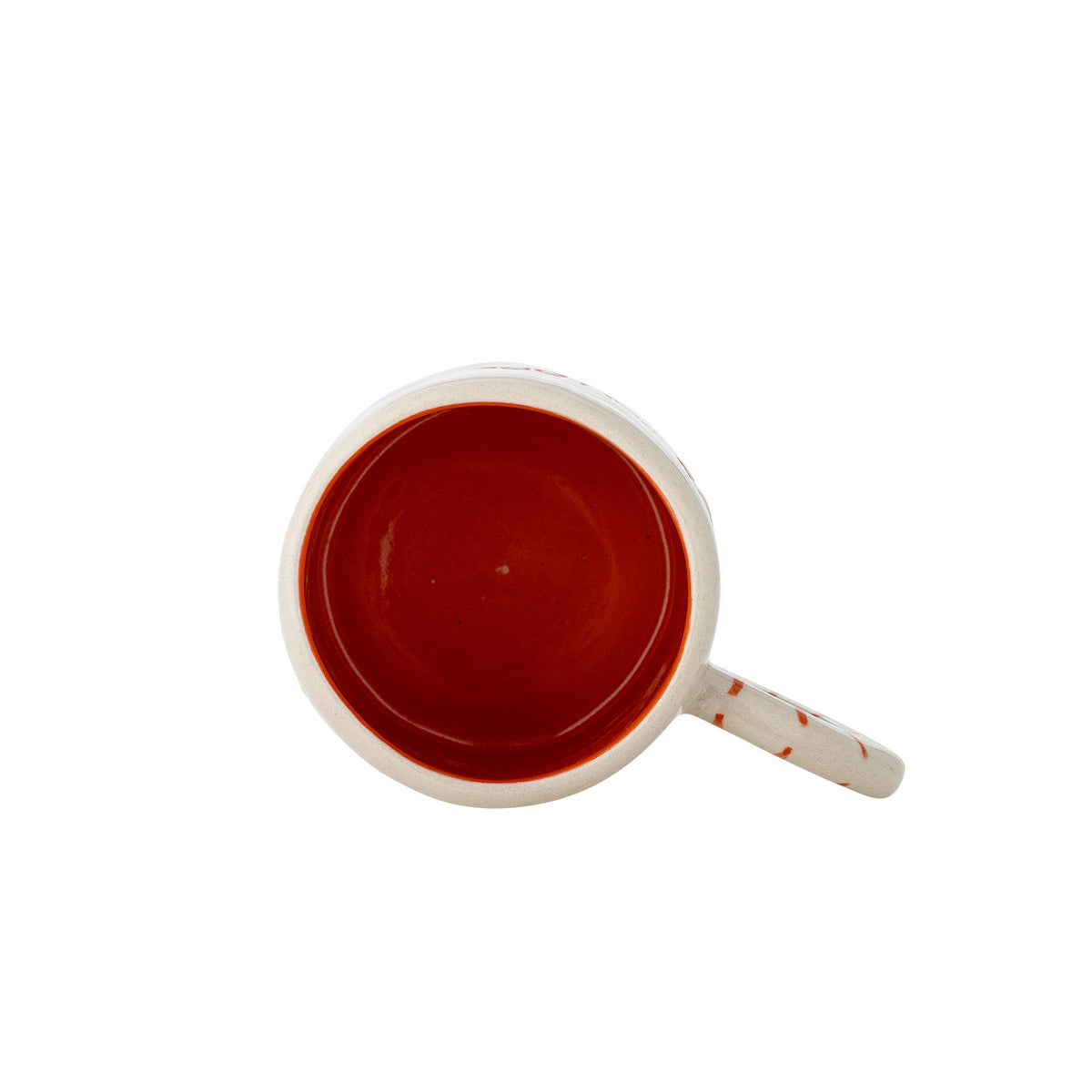 Weisse Tasse aus Steingut mit Regenbogen-Griff und Schriftzug, handbemalt, von Bloomingville Mini, Serie Cloudy, im Boho-Chic-Stil