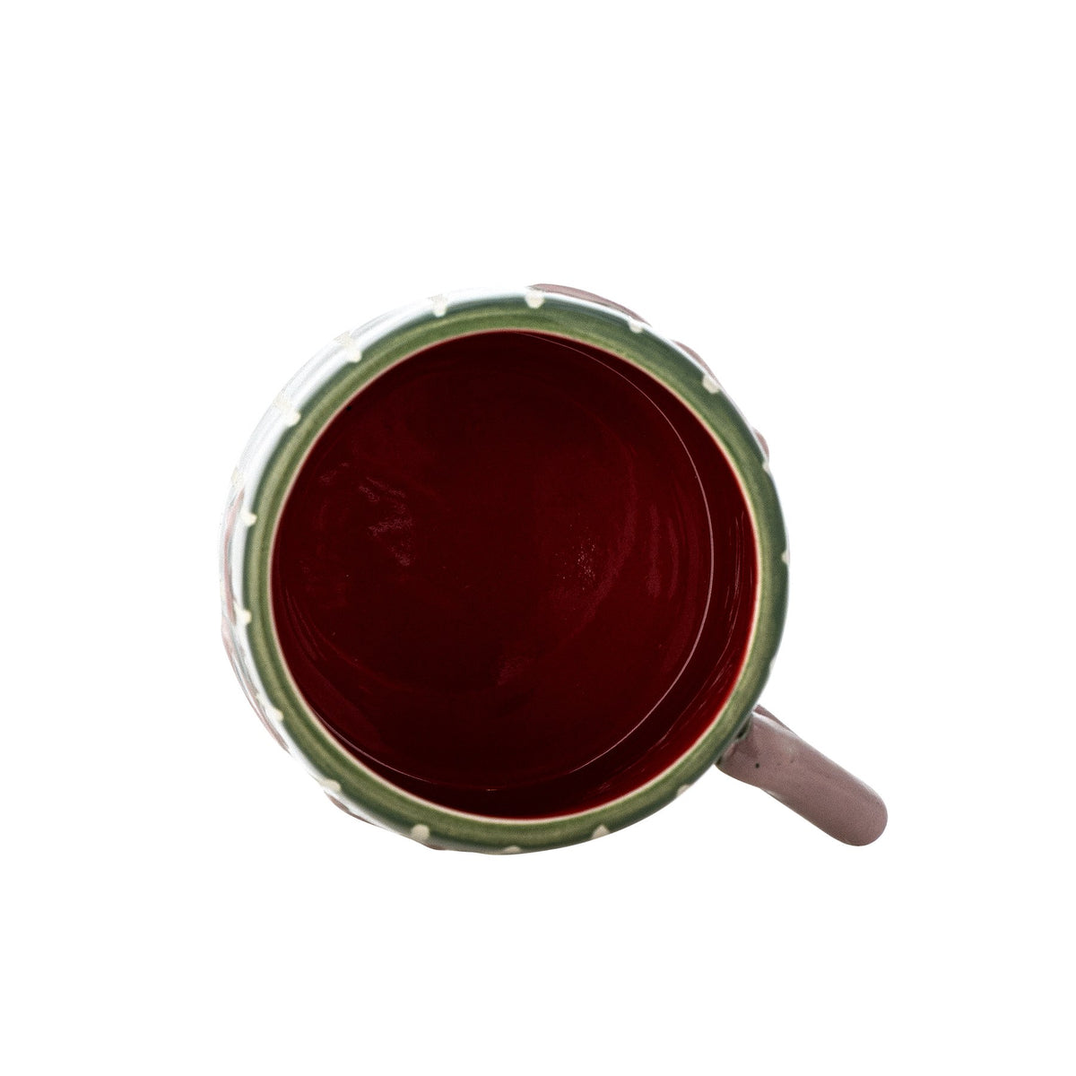 Grüner Steingut-Becher mit weissen Streifen, rosa Henkel und Schriftzug 'Love' auf einer Seite, handbemalt, Serie Cherish von Bloomingville.