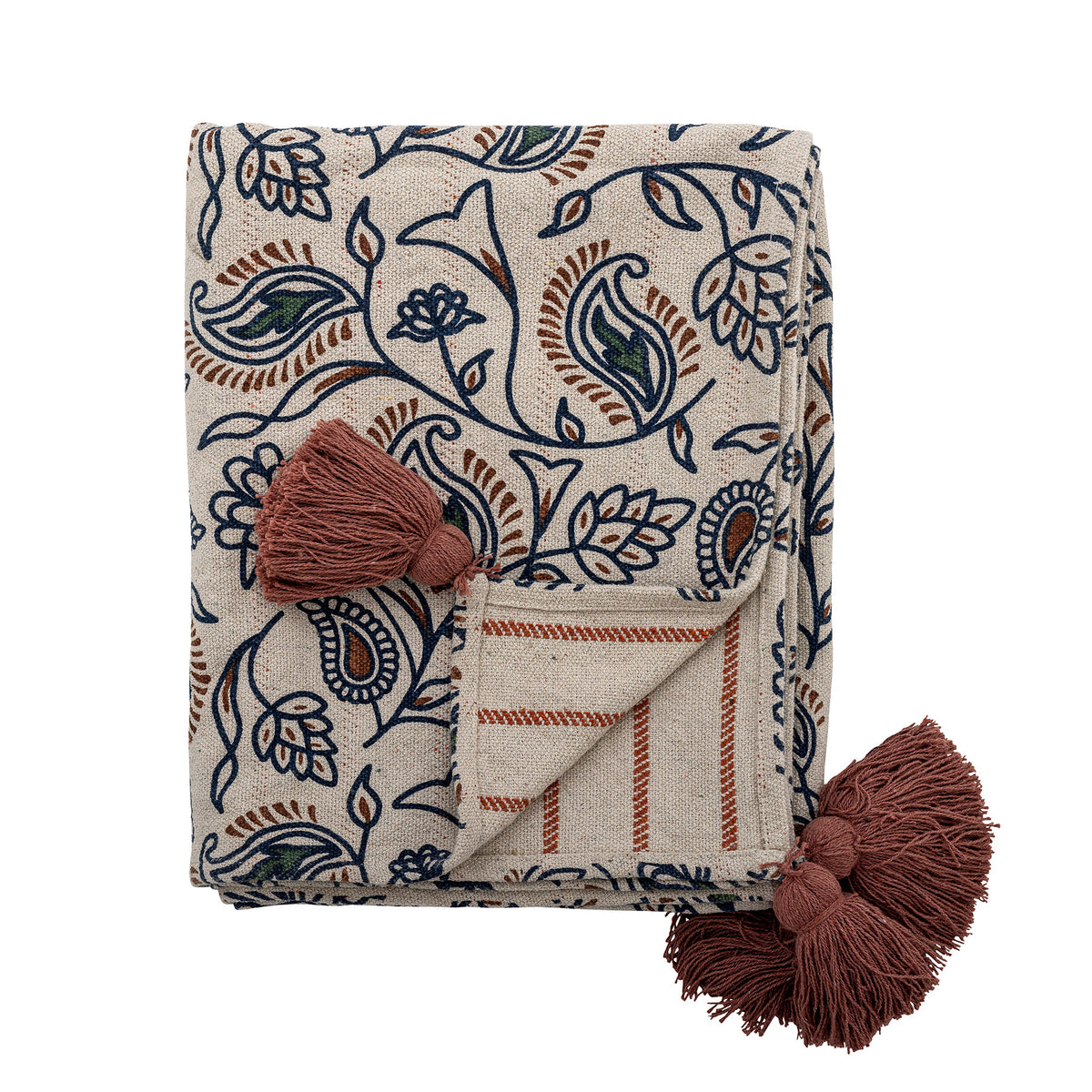 Wolldecke Paisley in Bunt aus Mischfasern mit floralem Muster, strukturierter Oberfläche und dunkelrosa Quasten an den Ecken, Creative Collection