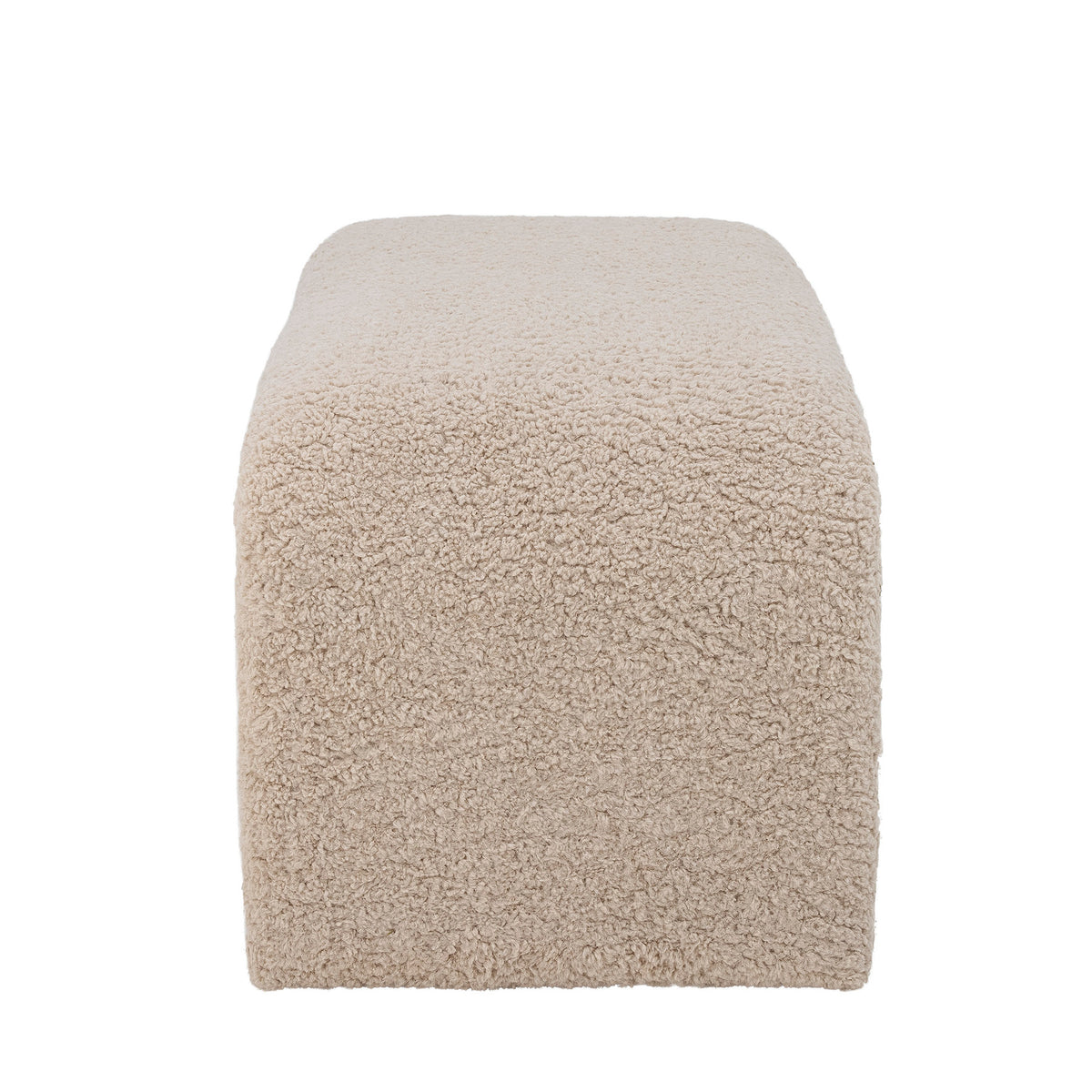 Weisse Sitzbank Bobbie von Bloomingville mit weicher Teddyfleece-Oberfläche, organisch geformt, Beine in Offwhite, Material Polyester und Holz