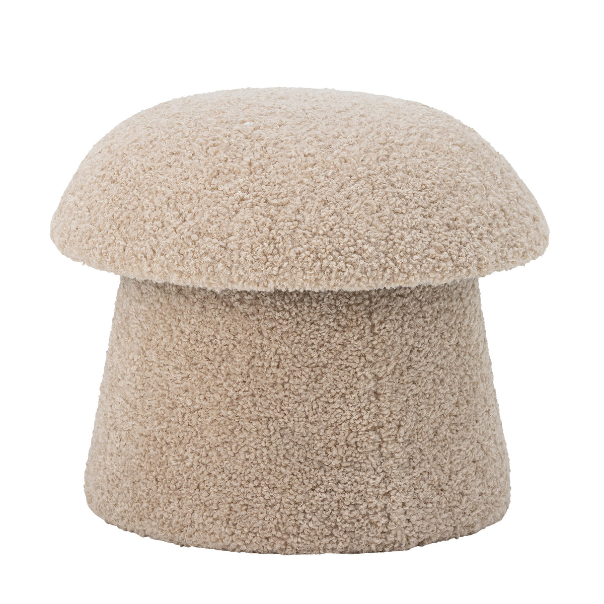 Runder Pouf in Beige mit strukturierter Polyester-Oberfläche und Beinen aus Kiefernholz, breite Oberseite über schmalerem Fuss.