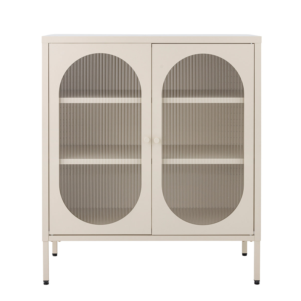 Weisses Kabinett aus Eisen und Glas von Bloomingville mit zwei Türen, geriffelten Glasdetails und grauen Beinen, Serie Kabinett
