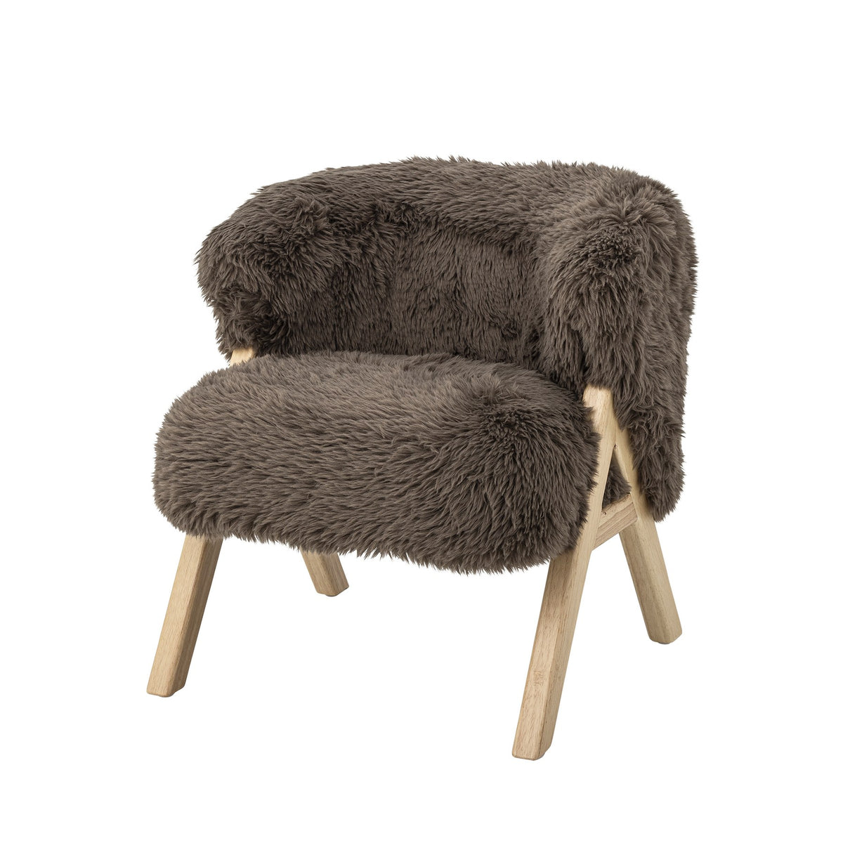 Camino Loungesessel von Bloomingville Mini in Braun mit gepolstertem Hochflor-Fleece-Bezug, abgerundeter Form und hellen Holzbeinen.
