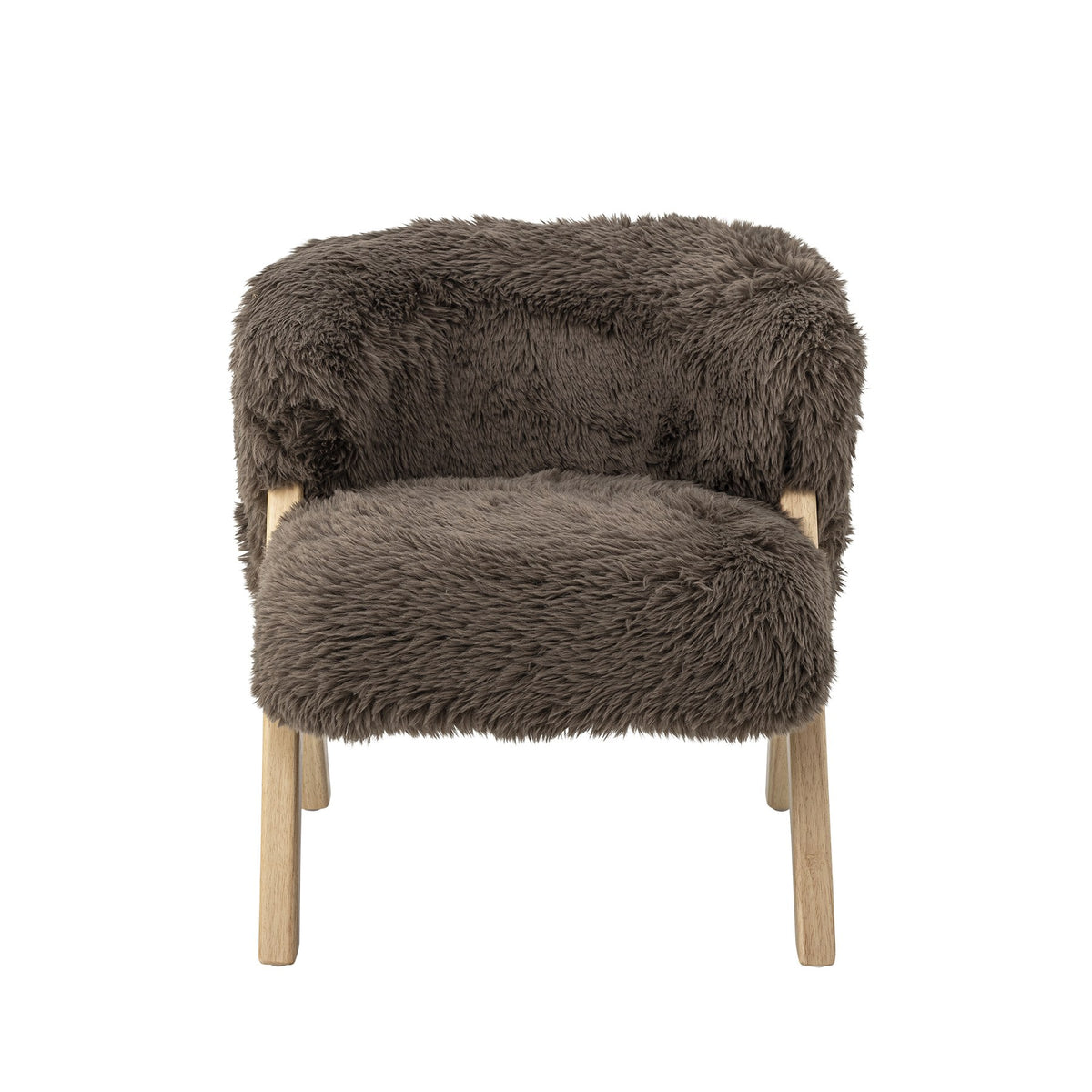 Camino Loungesessel von Bloomingville Mini in Braun mit gepolstertem Hochflor-Fleece-Bezug, abgerundeter Form und hellen Holzbeinen.