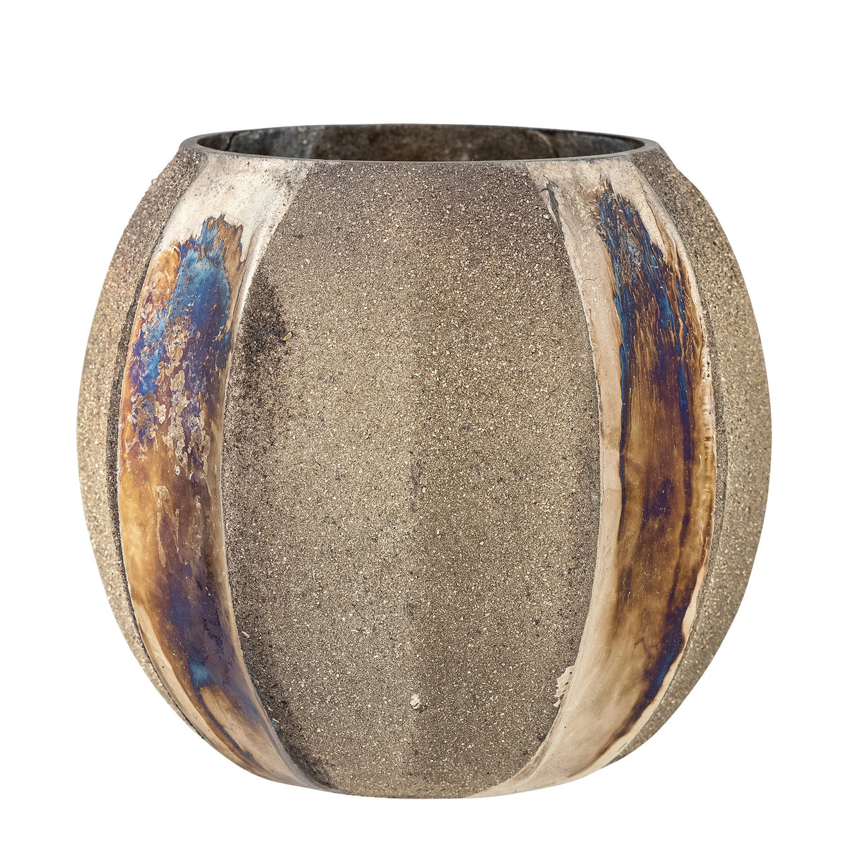 Runder Teelichthalter Felecia von Bloomingville aus Glas mit goldenen Streifen und blau oxidierter Oberfläche, Durchmesser 10 cm