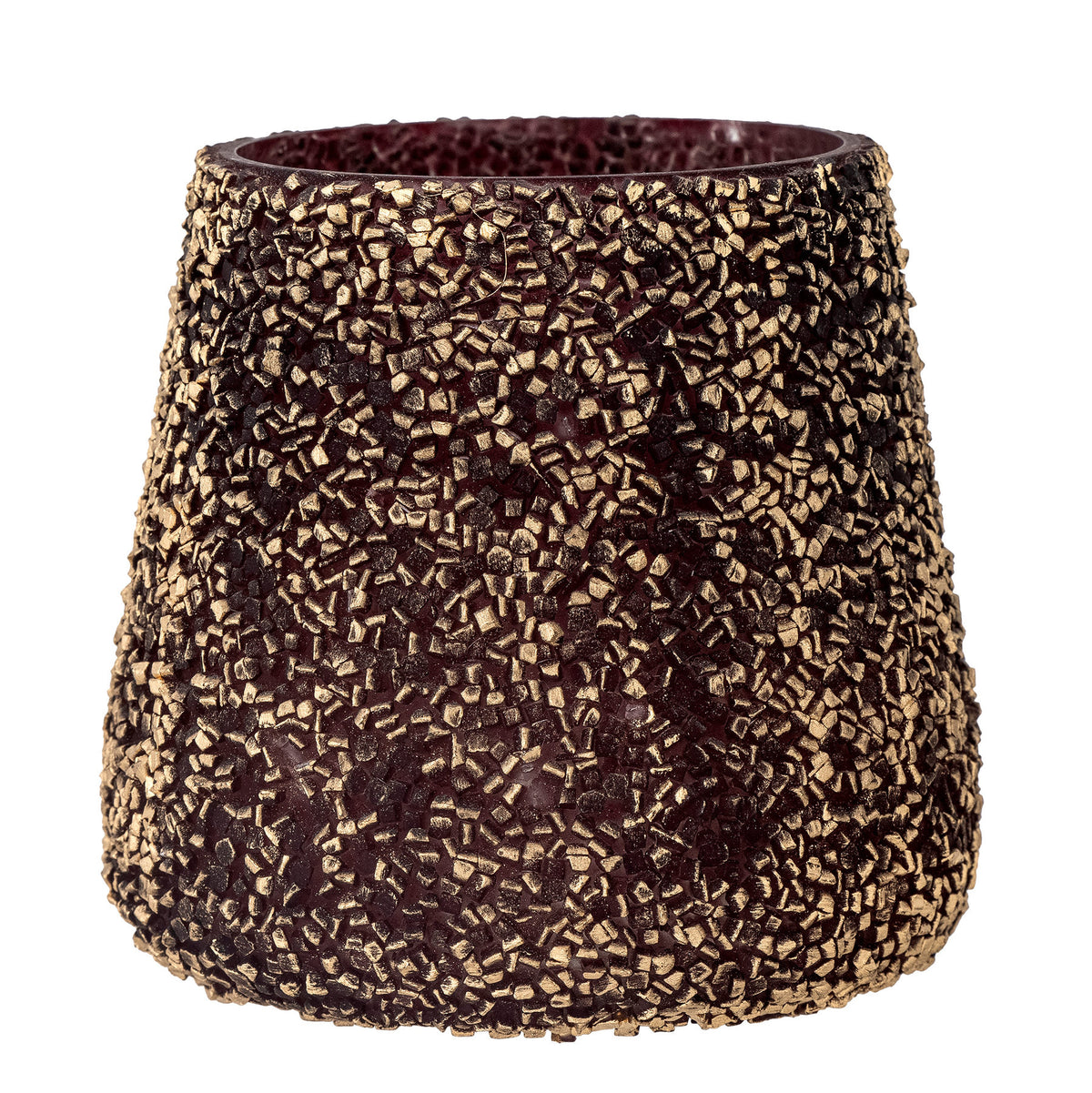 Runder Teelichthalter aus Glas mit goldfarbener Mosaik-Oberfläche und erhabenen Details, Modell Filiz von Bloomingville, Durchmesser und Höhe je 11 cm.