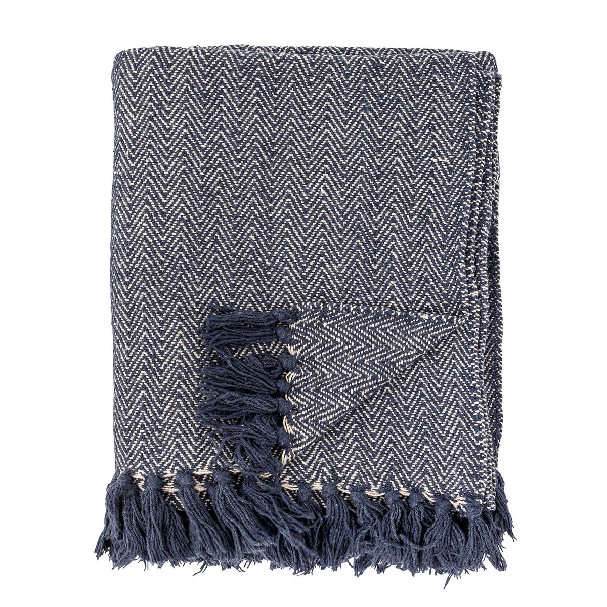 Wolldecke Herringbone in Blau mit Fischgrätmuster in Beige, geflochtene Oberfläche und Fransen an den Rändern, Mischfasern
